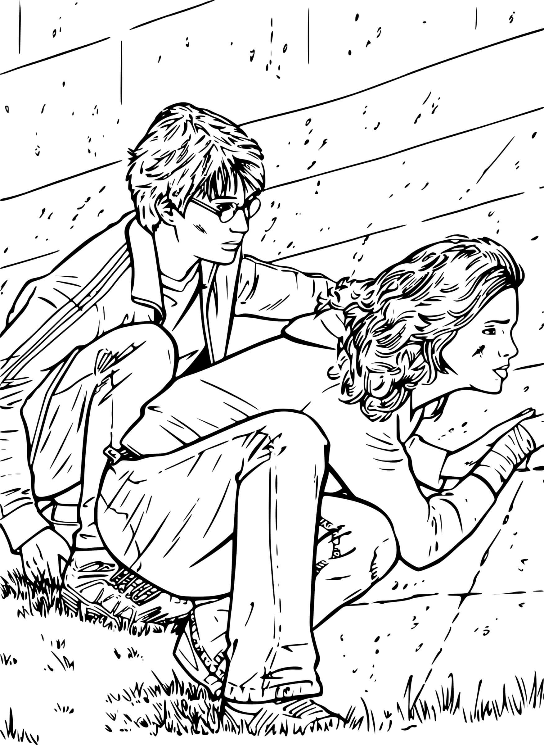 Coloriage Harry Et Hermione Espionent Des Camarades De Classe - Harry potter à imprimer