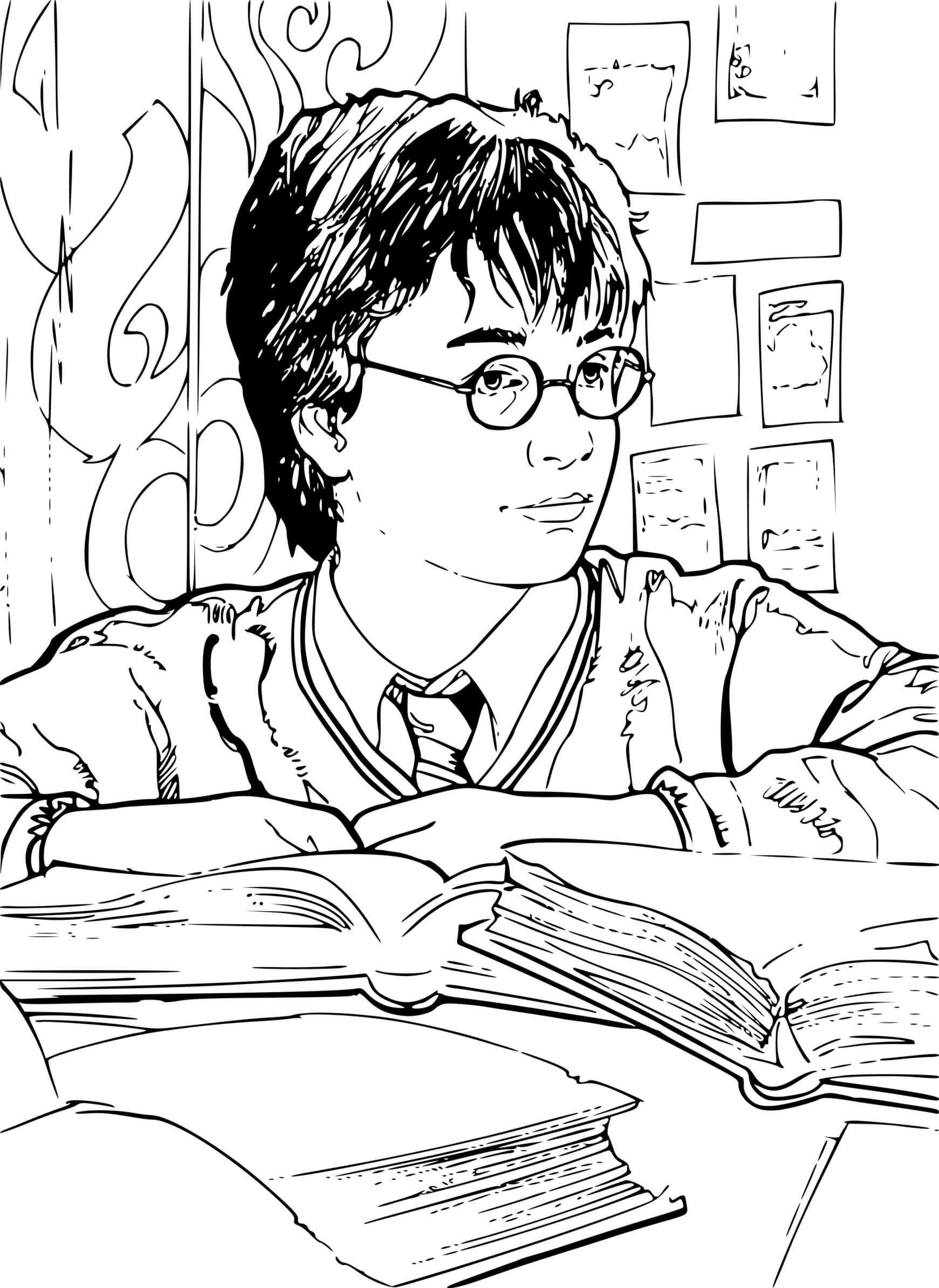 Coloriage Harry Etudie Et Fait La Revision - Harry potter à imprimer