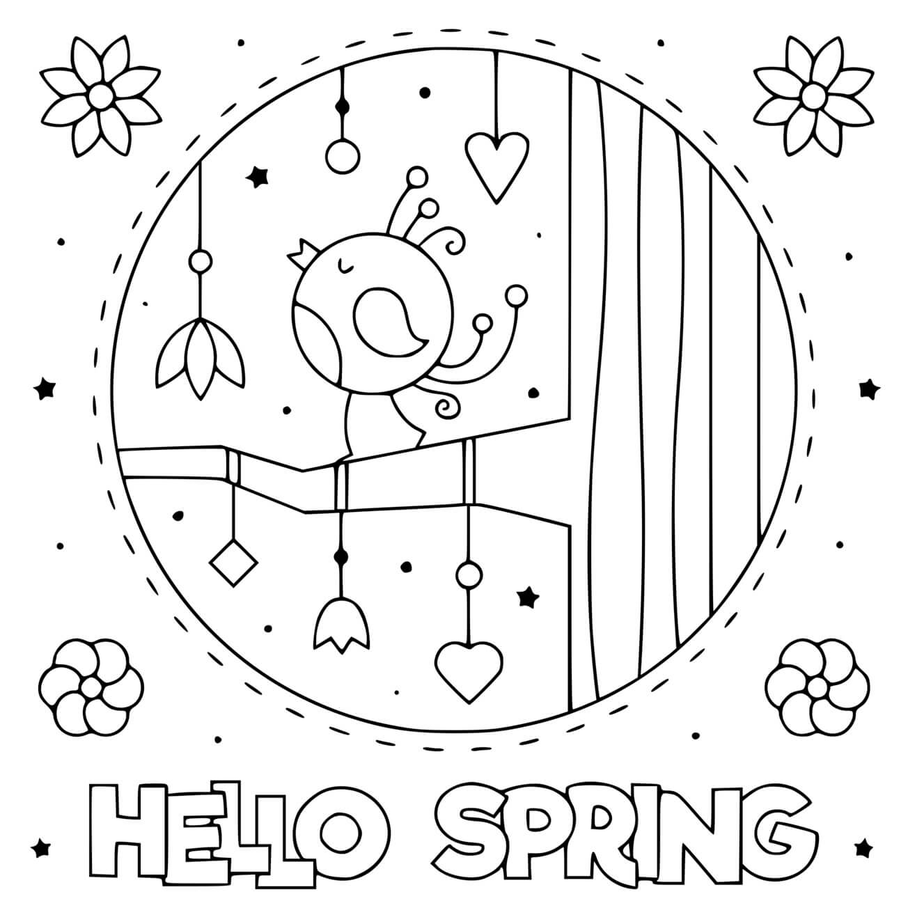 Coloriage Hello Spring Avec Oiseau Qui Chante - Printemps à imprimer