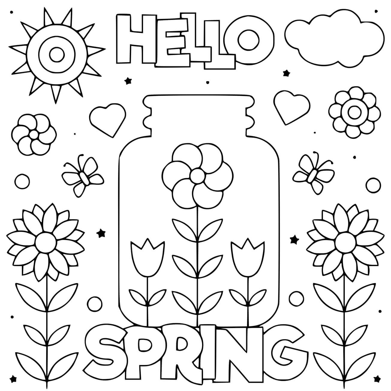 Coloriage Hello Spring Fleurs Et Soleil - Printemps à imprimer