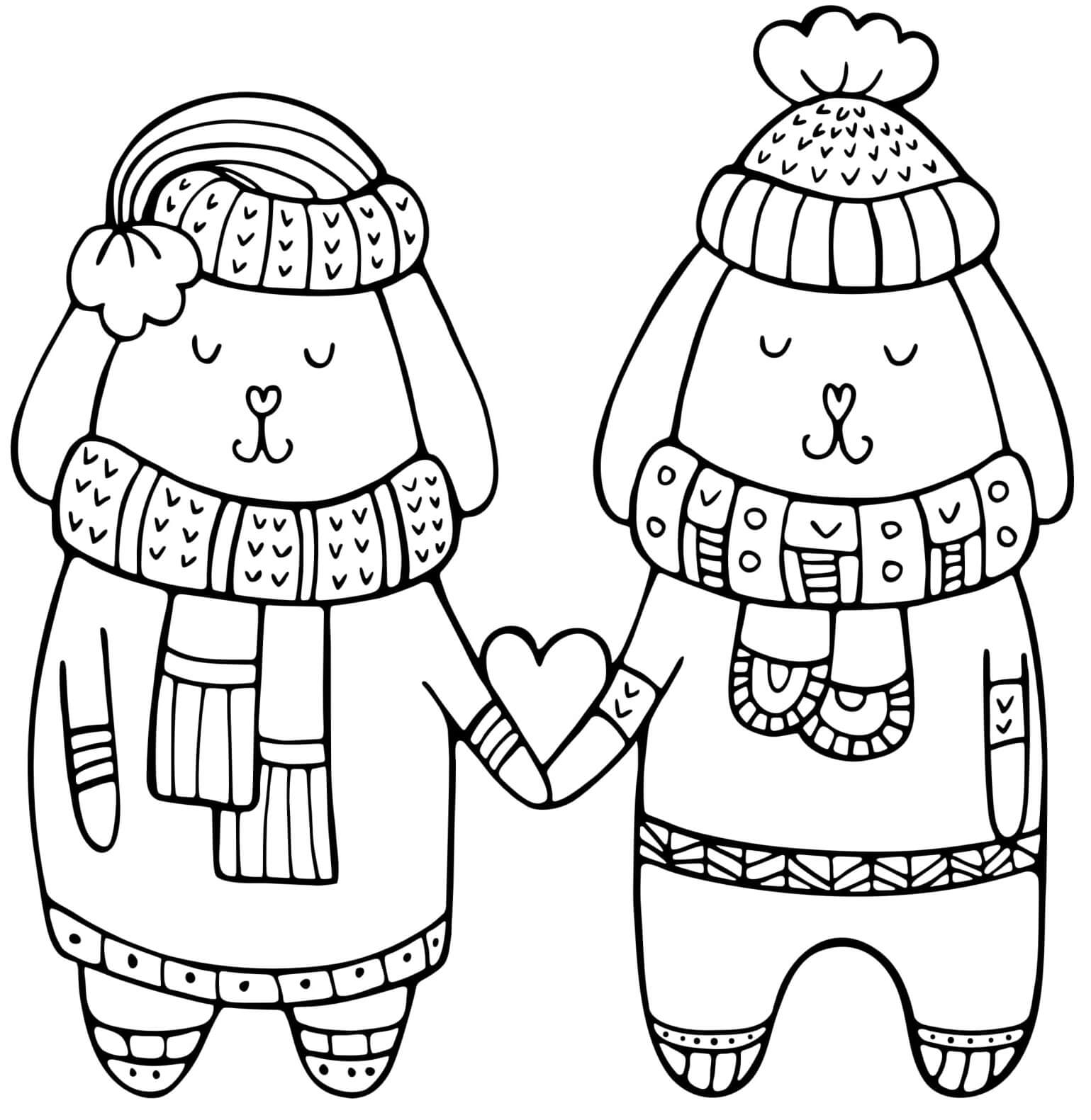 Coloriage Hiver Chiens Amoureux Saint Valentin - Saint-Valentin à imprimer