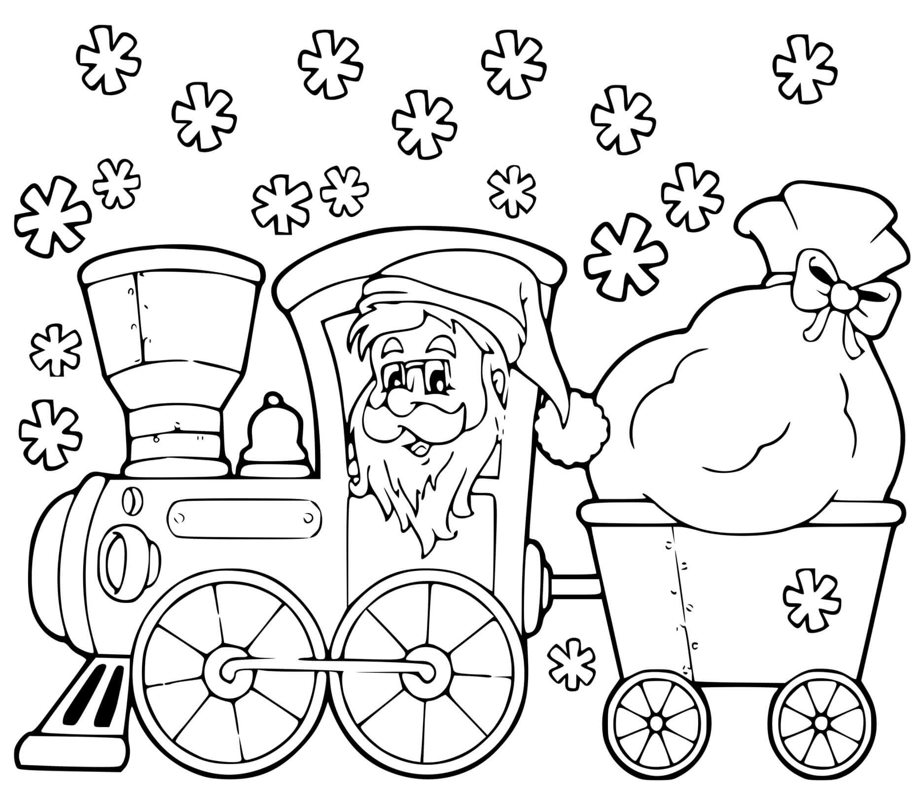 Coloriage Hiver Flocons De Neige Père Noël Sur Un Train Pour Distribuer Des Jouets - Hiver à imprimer
