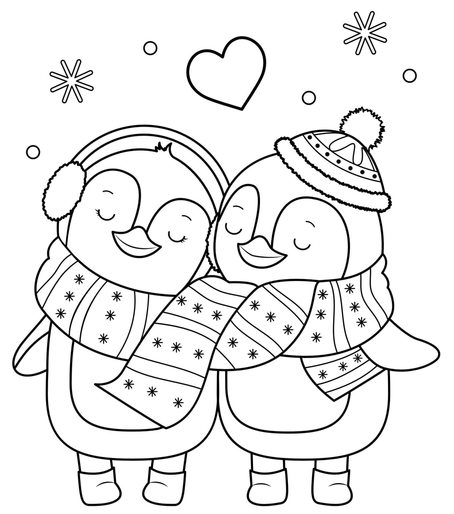 Coloriage Hiver Pingouins En Amour - Saint-Valentin à imprimer
