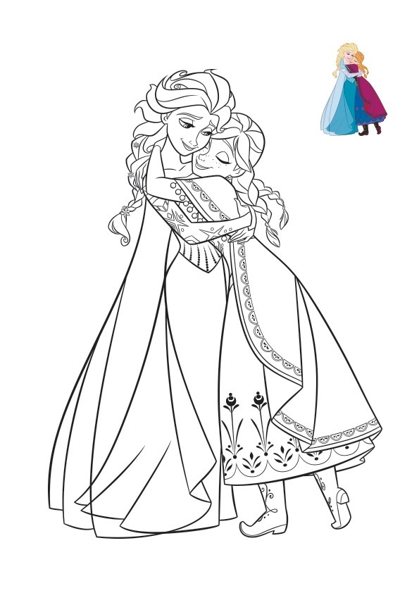 Coloriage Elsa et Anna s'enlacent dans la neige - La Reine des neiges à imprimer
