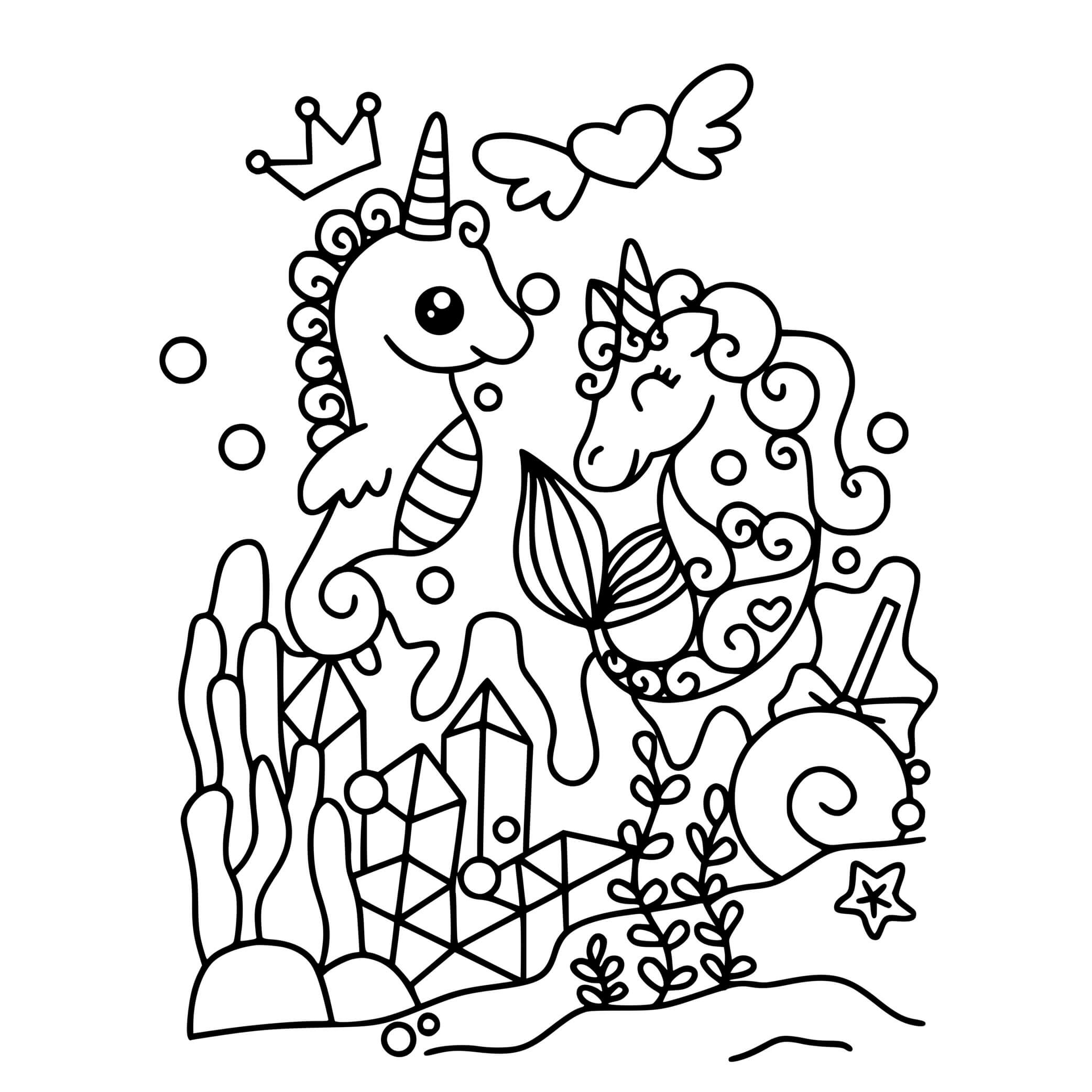 Coloriage Hyppocornes De Mer Licorne Kawaii - Licorne kawaii à imprimer