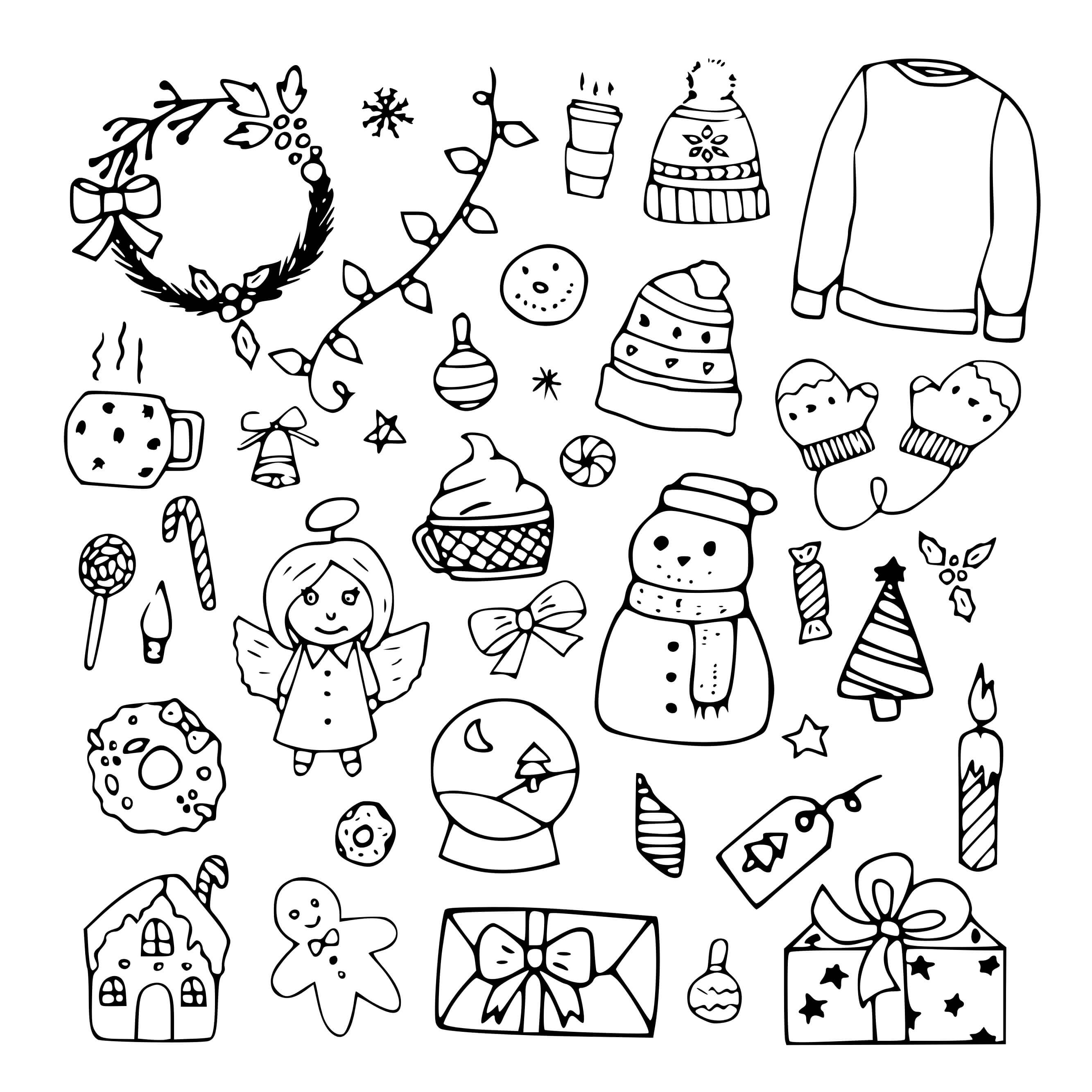 Coloriage Icones De Noël Sapin Hiver Décembre Décorations - Hiver à imprimer