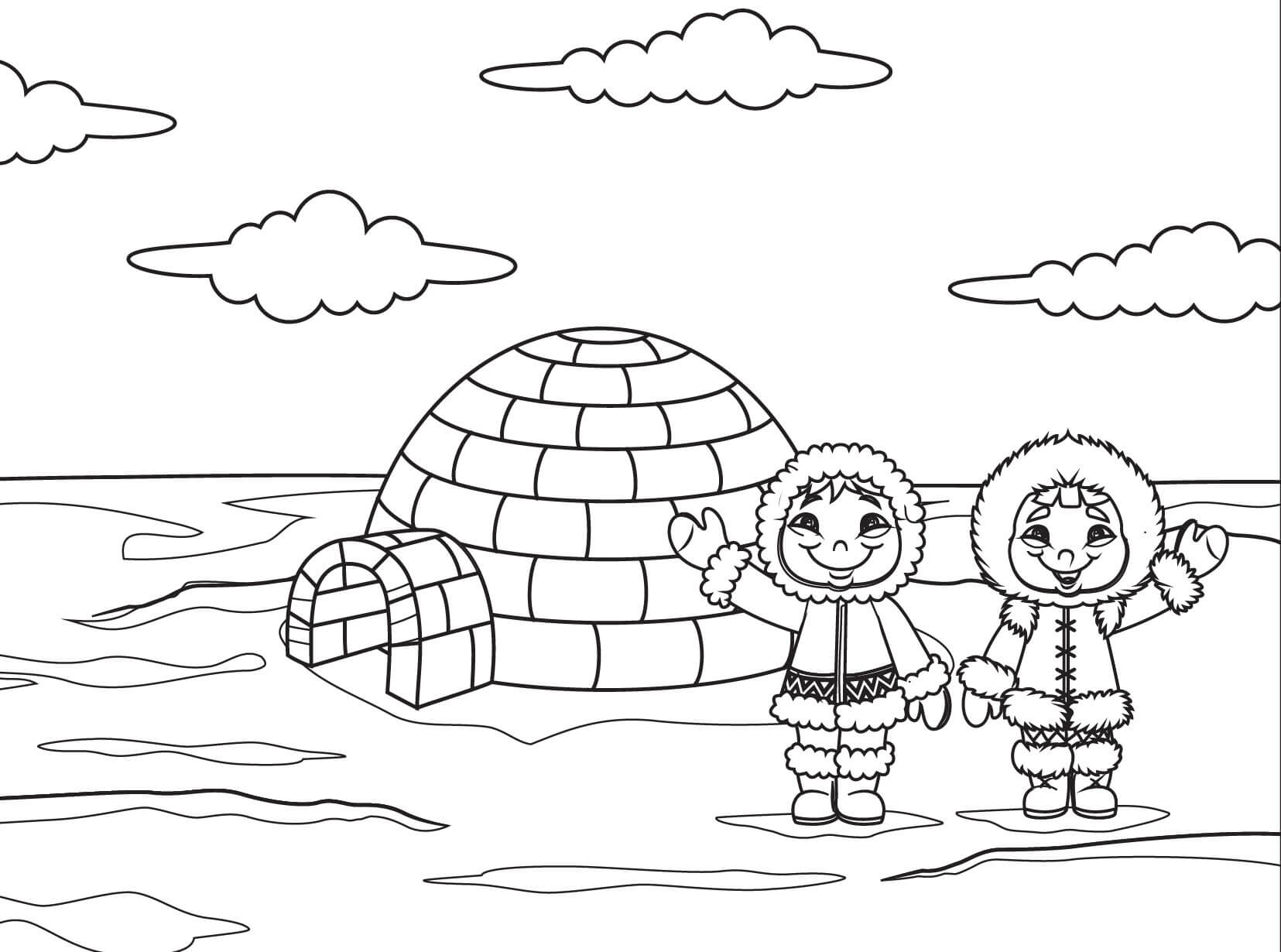 Coloriage Igloo Et Inuit Peuple Autochtone Inuk Au Canada - Hiver à imprimer