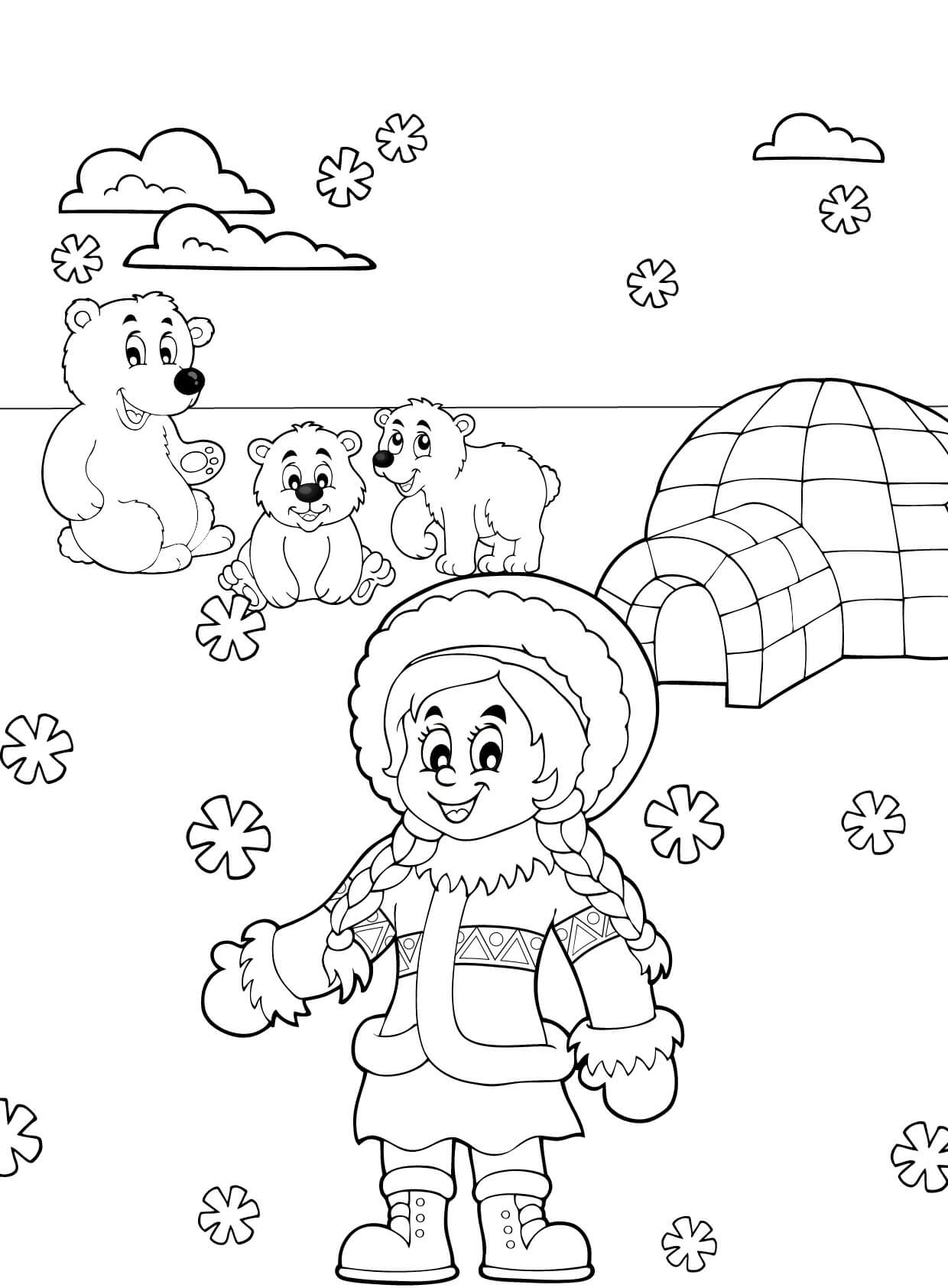 Coloriage Igloo Et Une Inuite Inuk Un Peuple Autochtone Avec Des Ours Polaires - Hiver à imprimer