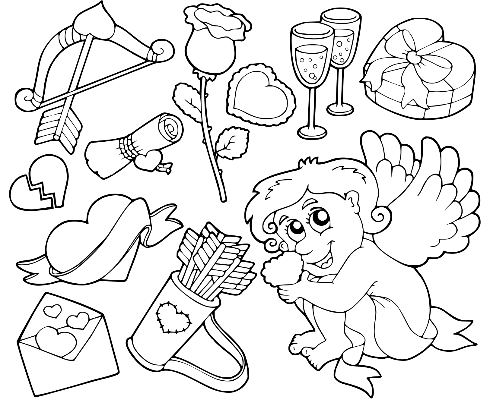 Coloriage Illustration Des Elements Et Symboles De La Saint Valentin - Saint-Valentin à imprimer