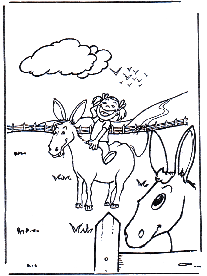 Coloriage Âne portant une charge de foin riant - Âne à imprimer