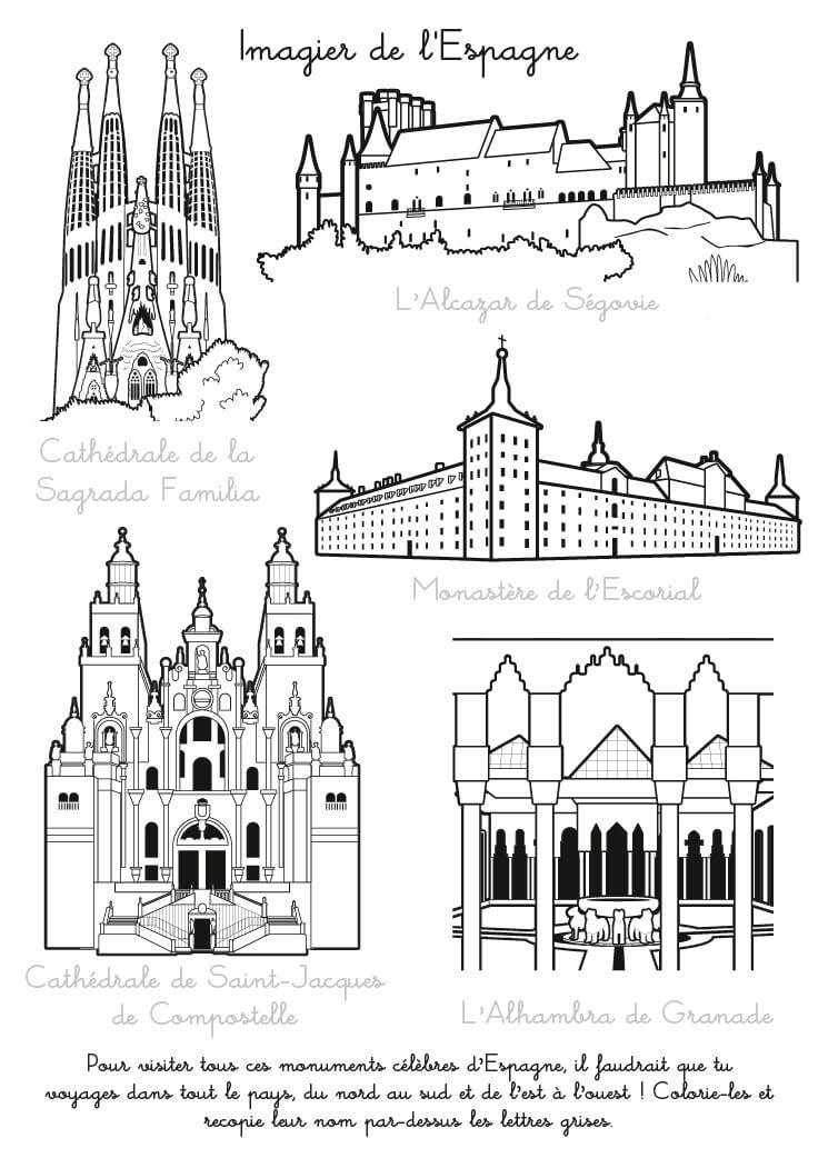 Coloriage Imagier Espagne Monuments Célèbres Cathedrales - Espagne à imprimer