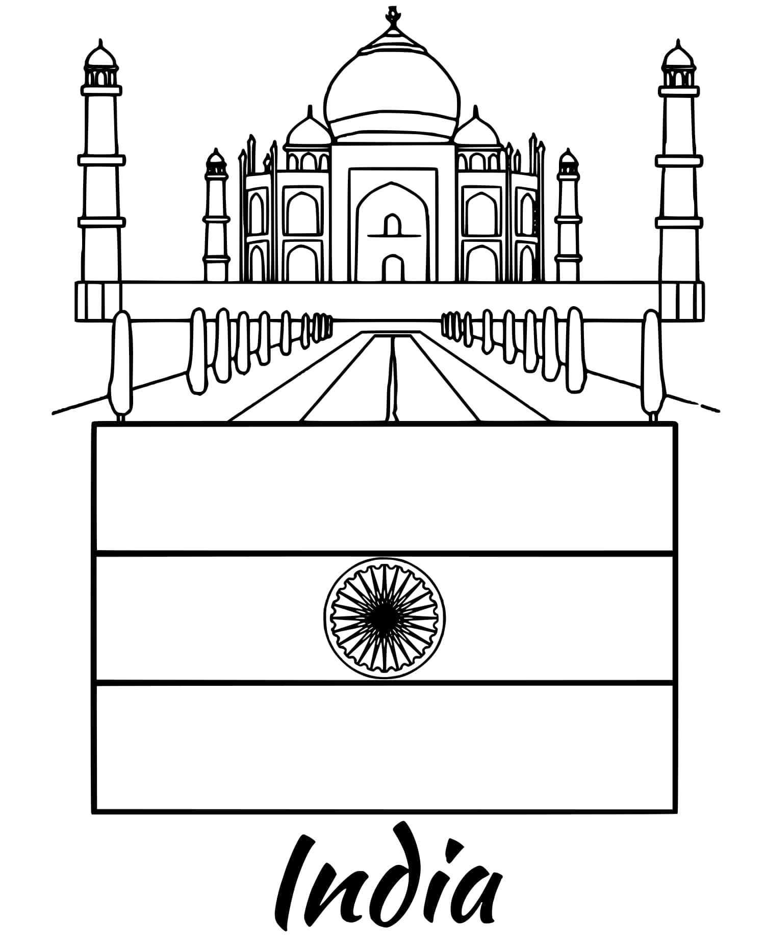 Coloriage Inde Drapeau Taj Mahal - Drapeau à imprimer