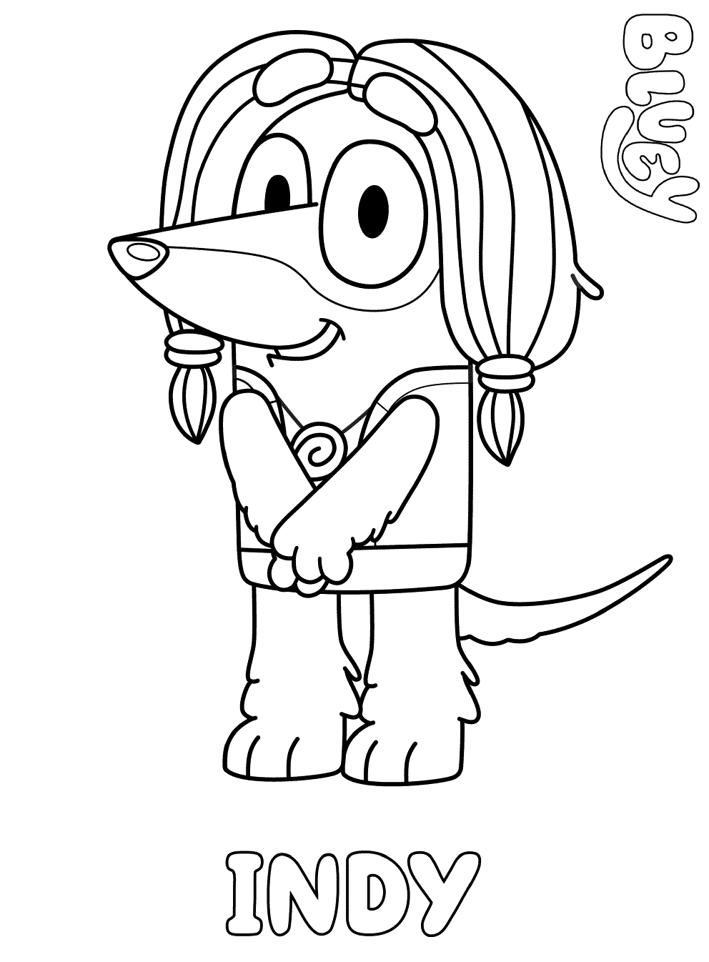 Coloriage Indy Un Chien Afghan Tient Un Marche Et Aime La Musique - Bluey à imprimer