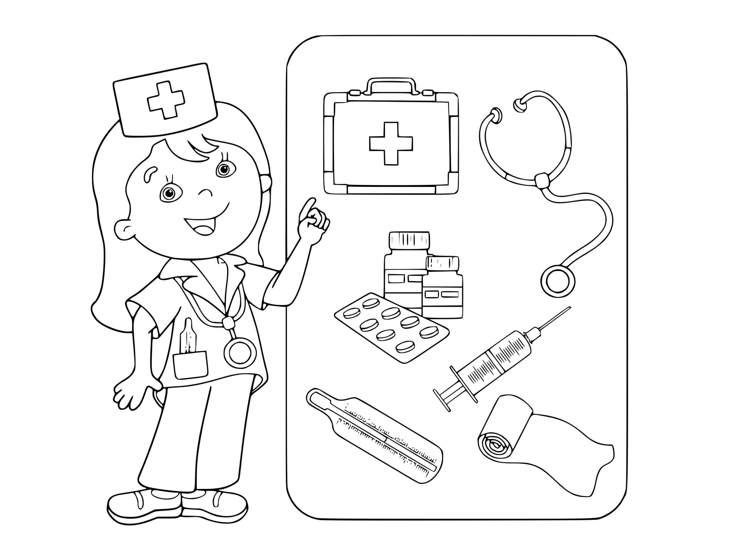 Coloriage Infirmière Et Les Outils De Sante Et De Soins - Docteur médecin à imprimer