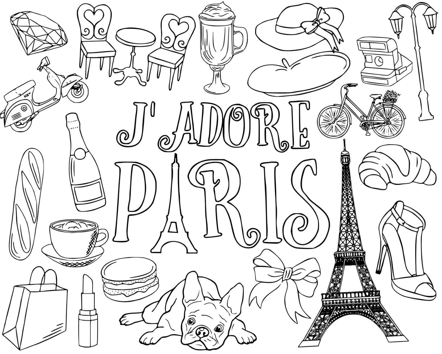 Coloriage Jadore Paris France Objets - Tour Eiffel à imprimer