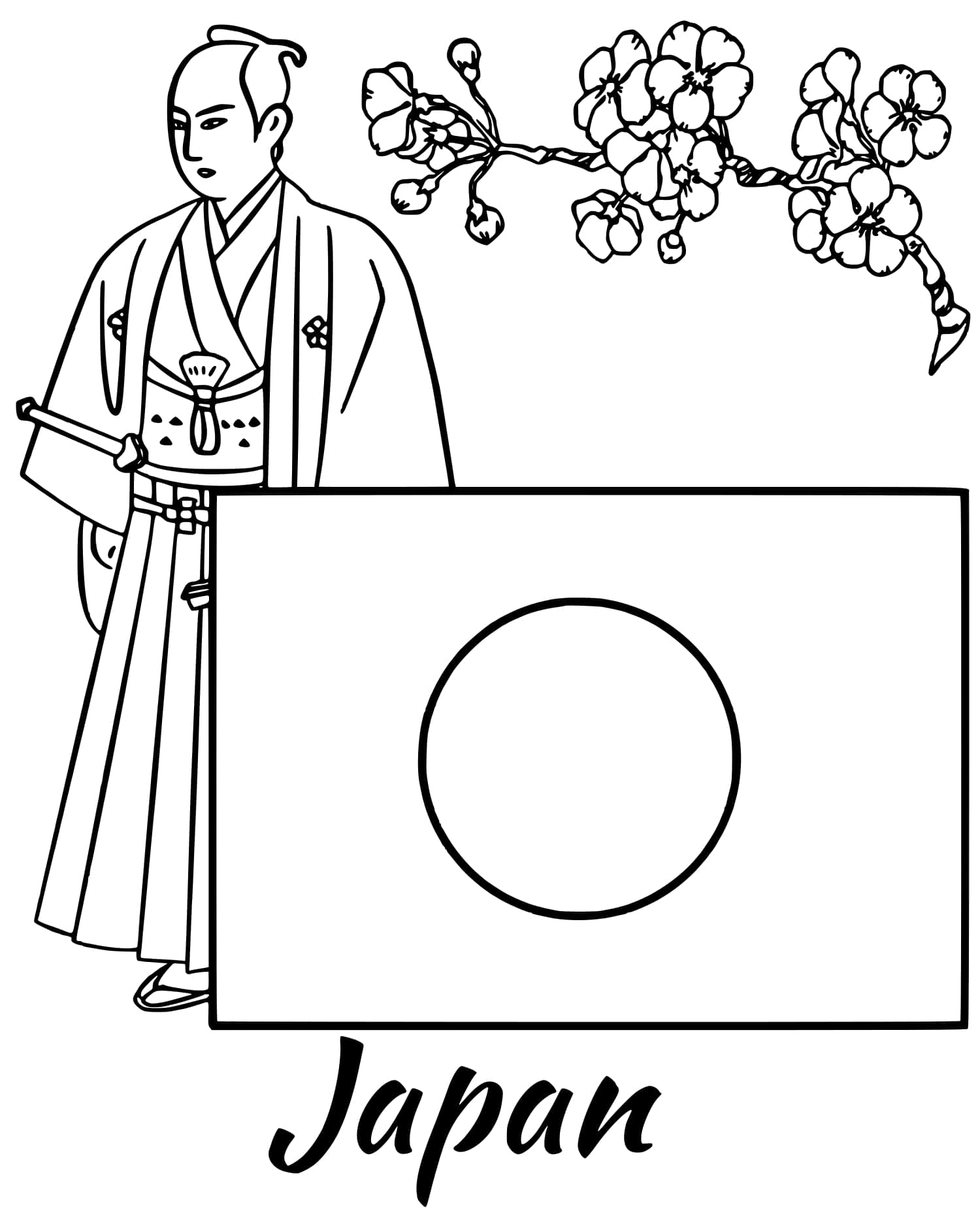 Coloriage Japon Drapeau Samurai - Drapeau à imprimer