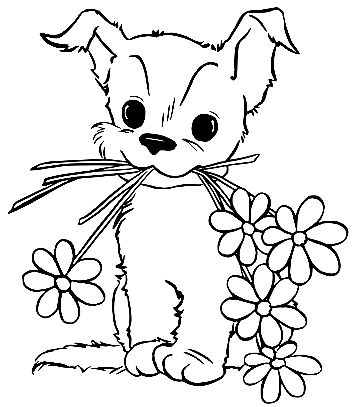Coloriage Jeune Chien Chiot Avec Des Fleurs - Chien à imprimer