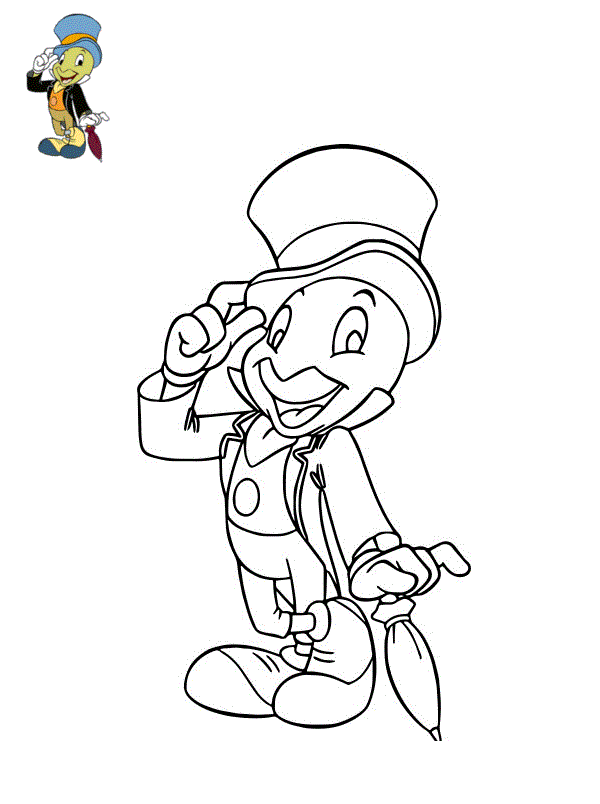 Coloriage Jiminy Cricket Grillon Habille En Costume - Pinocchio à imprimer