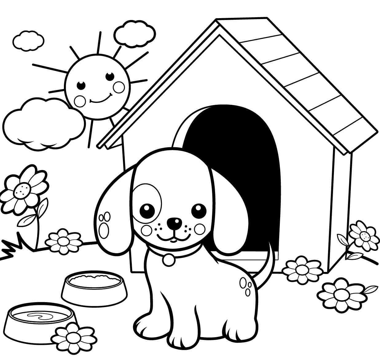 Coloriage Jolie Chien Dans Sa Maison Au Jardin Et Soleil Éclatant - Chien à imprimer