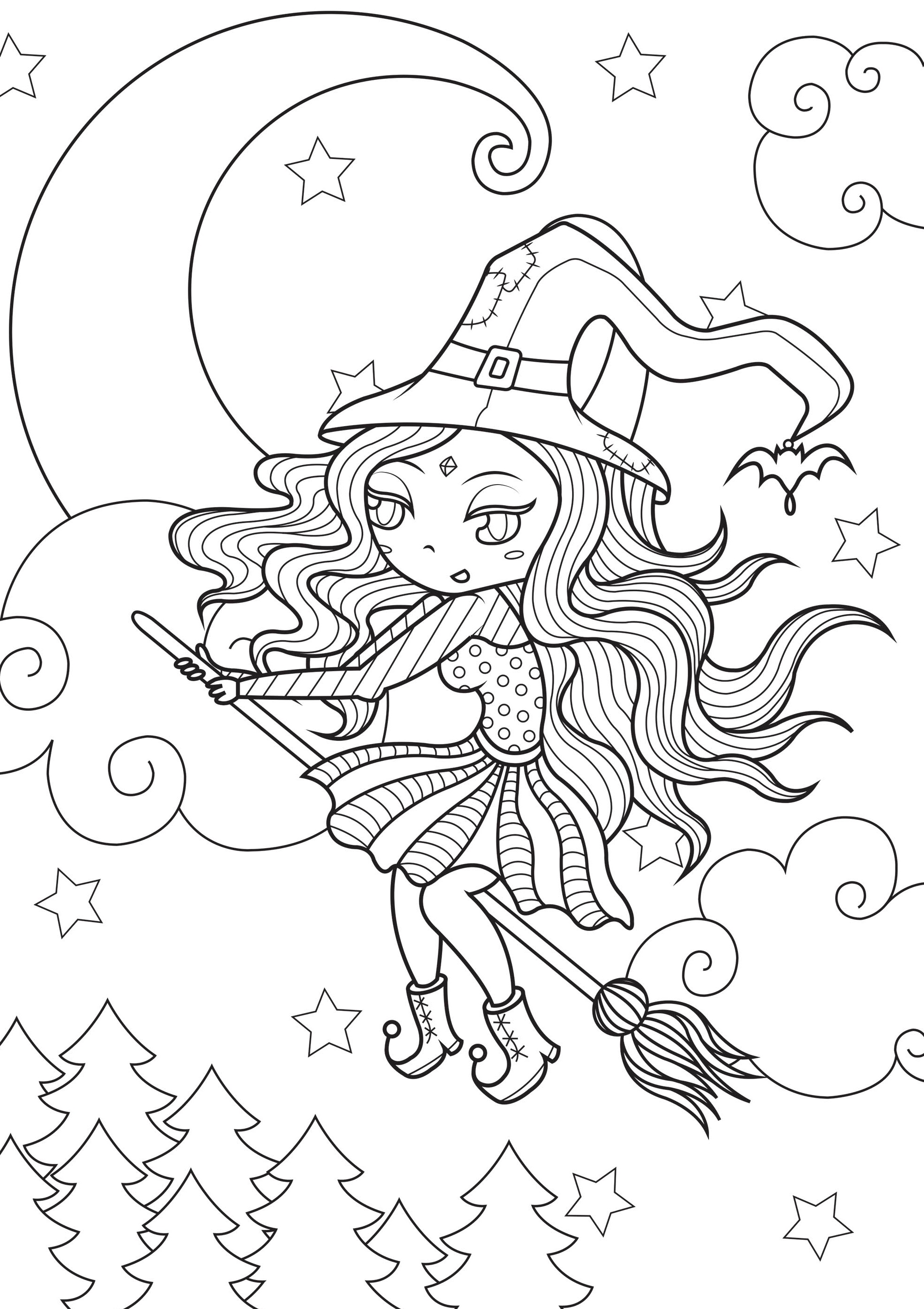 Coloriage Jolie Sorcière Sous la Lune - Halloween sorciere à imprimer
