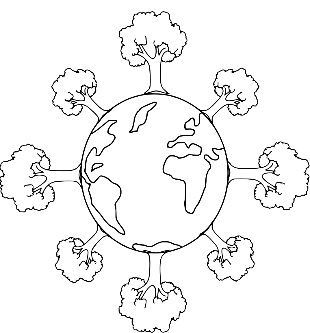 Coloriage Jour De La Terre Planète Entouree Arbres - Jour de la Terre à imprimer