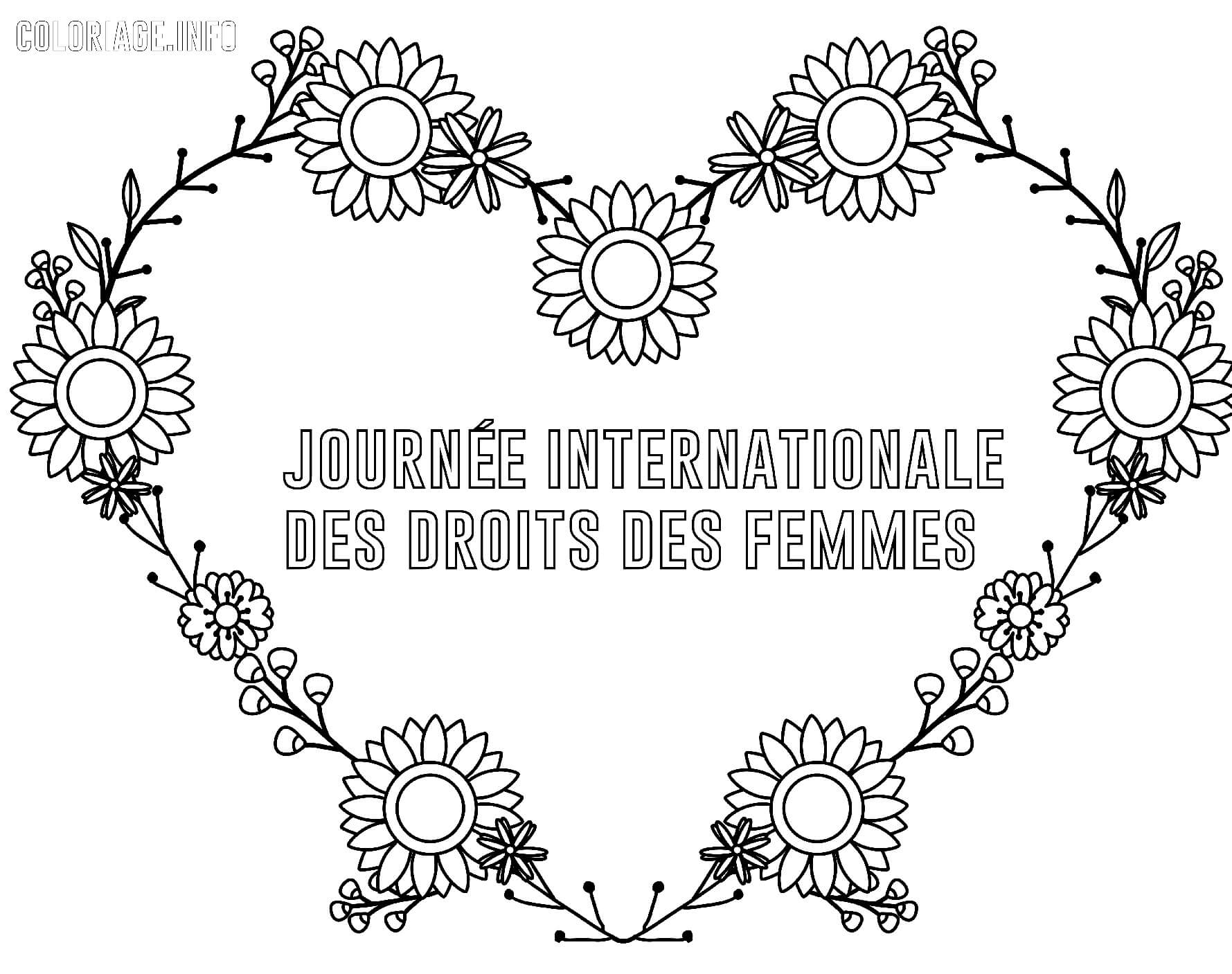 Coloriage Journée Internationale Des Droits Des Femmes Fleurs En Forme De Cœur - Journée de la femme 8 mars à imprimer