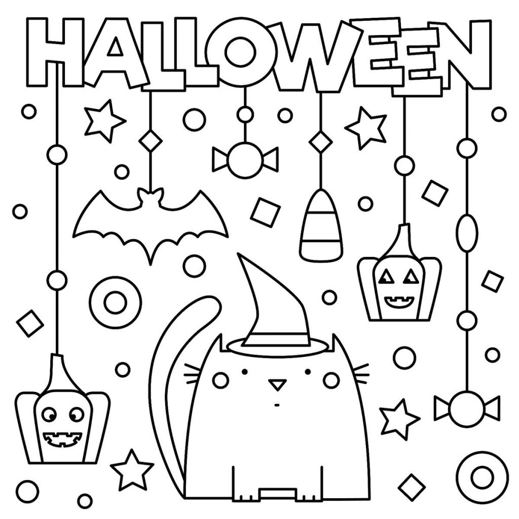 Coloriage Joyeuse Halloween Avec Chat Citrouille Et Décorations - Halloween à imprimer
