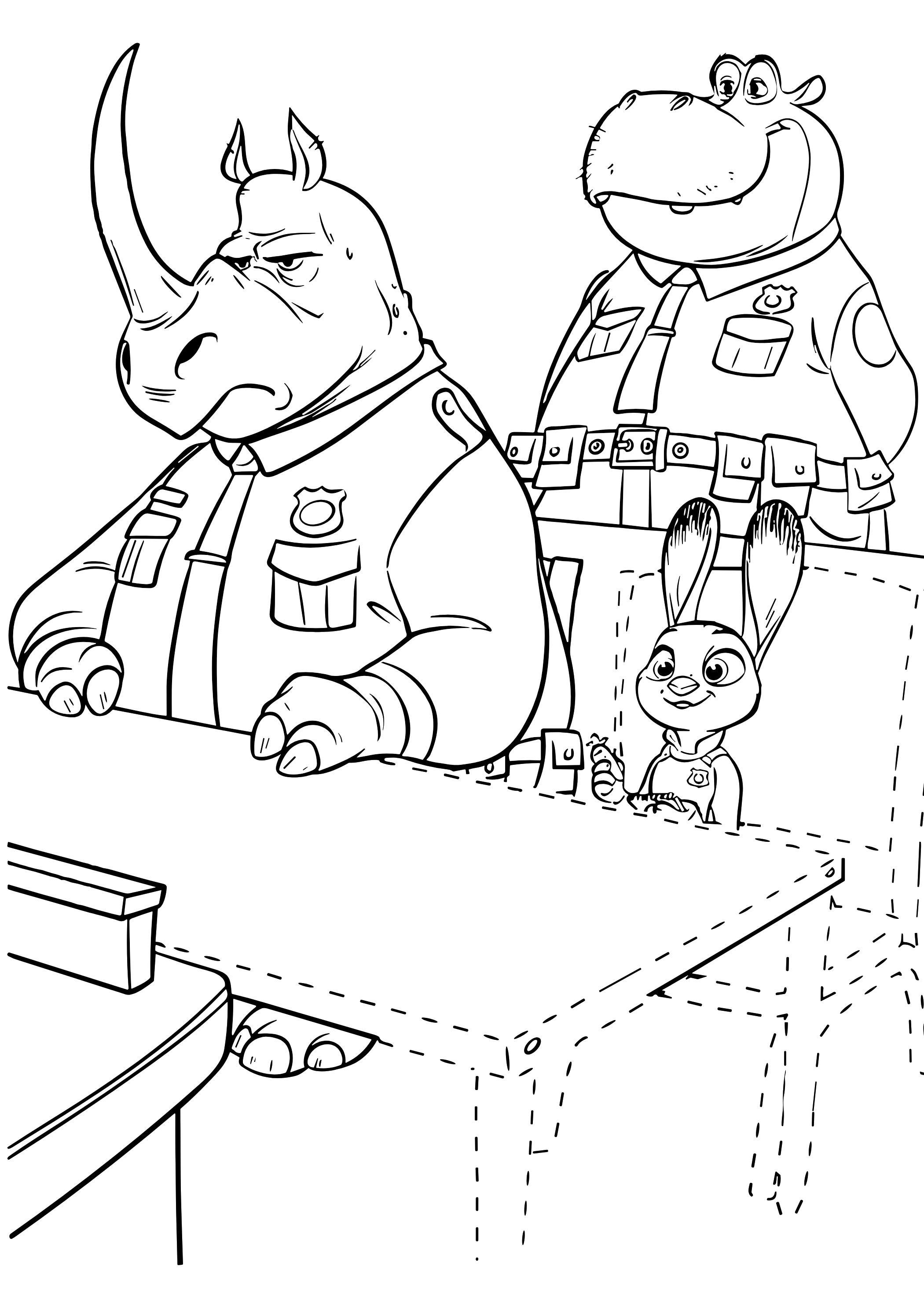 Coloriage Judy Hopps Avec Des Officiers Rhinoceros Et Hippopotame A Zootopie - Zootopie à imprimer