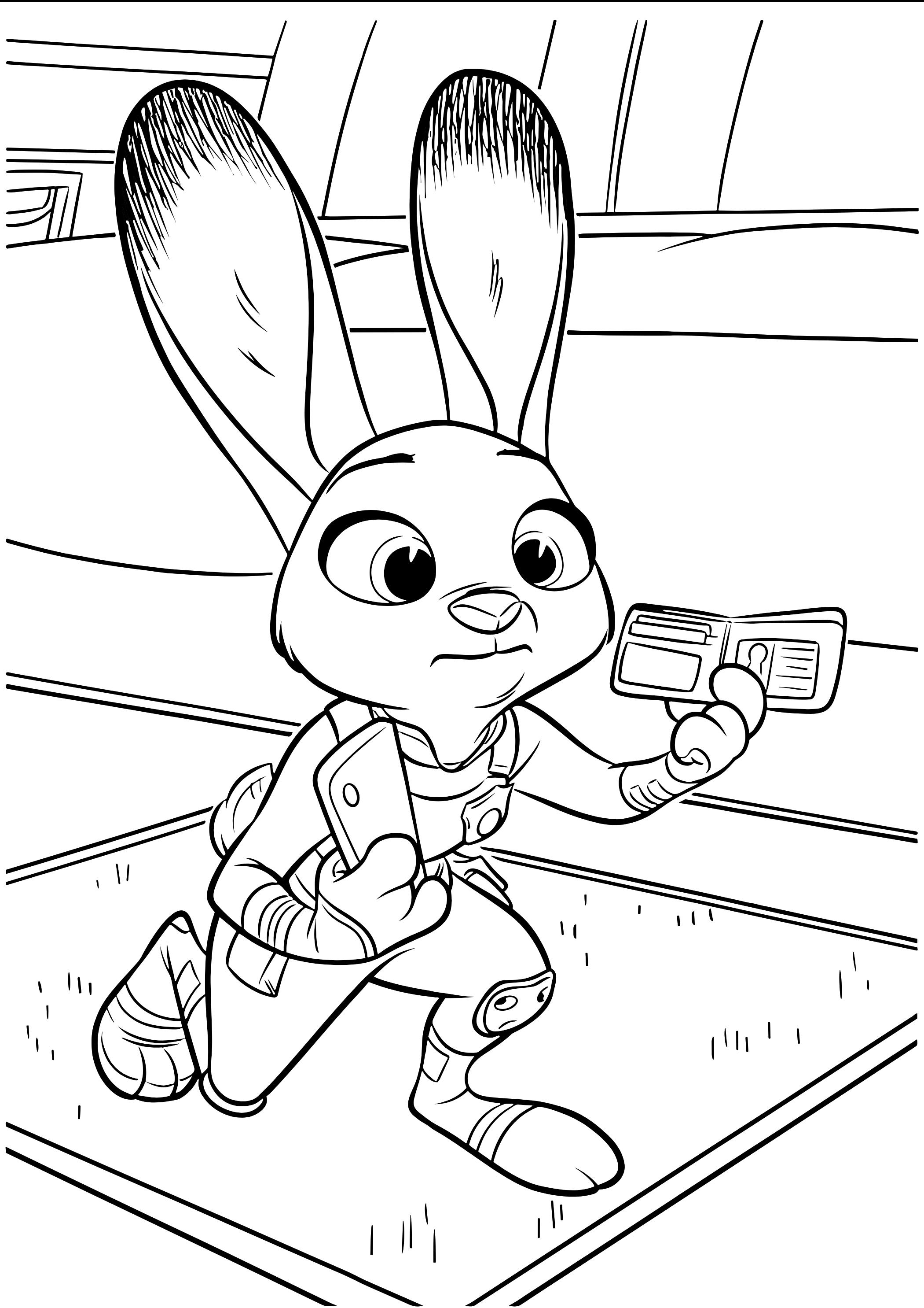 Coloriage Judy Hopps En Action Avec Un Portefeuille Et Un Smartphone - Zootopie à imprimer