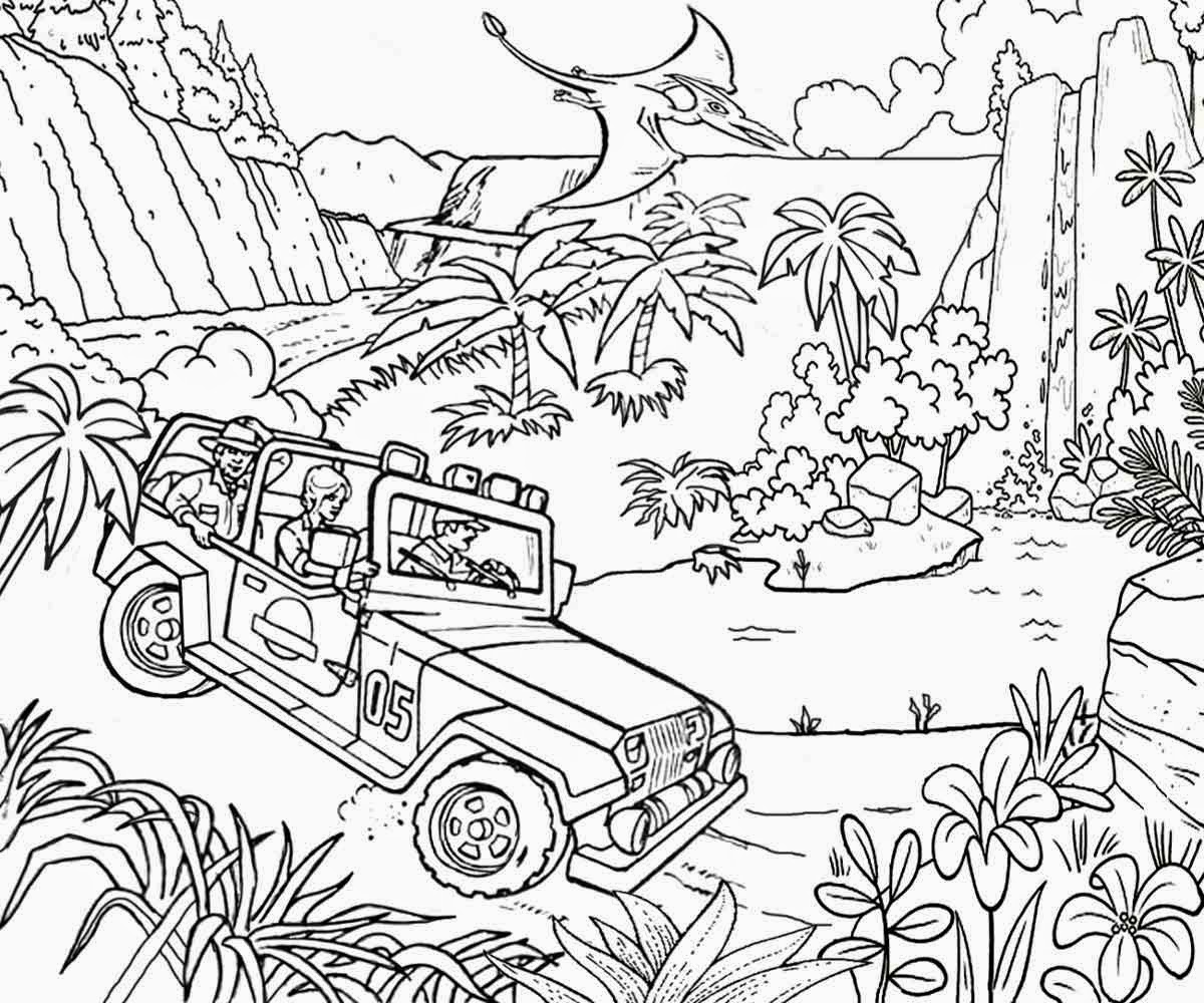 Coloriage Jungle Jeep Car Jurassic Park - Jurassic world park à imprimer