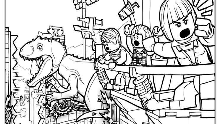 Coloriage Figurines Lego Jurassic World en aventure - Jurassic world park à imprimer