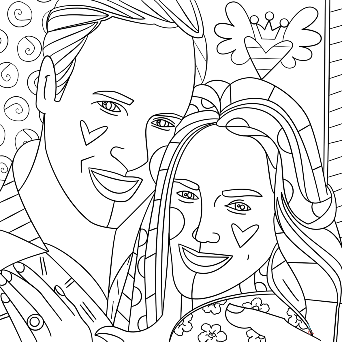 Coloriage Kate Middleton And Prince William By Romero Britto - Romero britto à imprimer