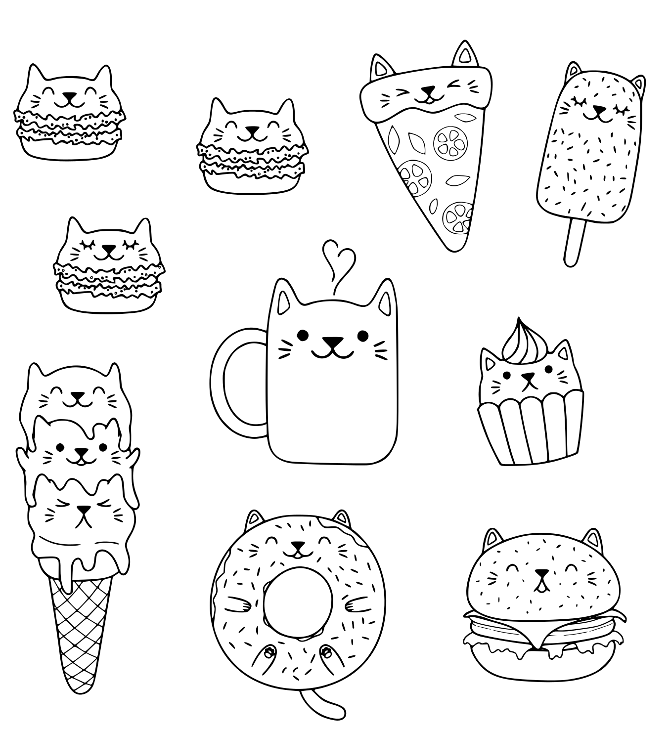 Coloriage Kawaii Chats Macarons Pizza Burger Ice Cream Donut Café - Kawaii à imprimer