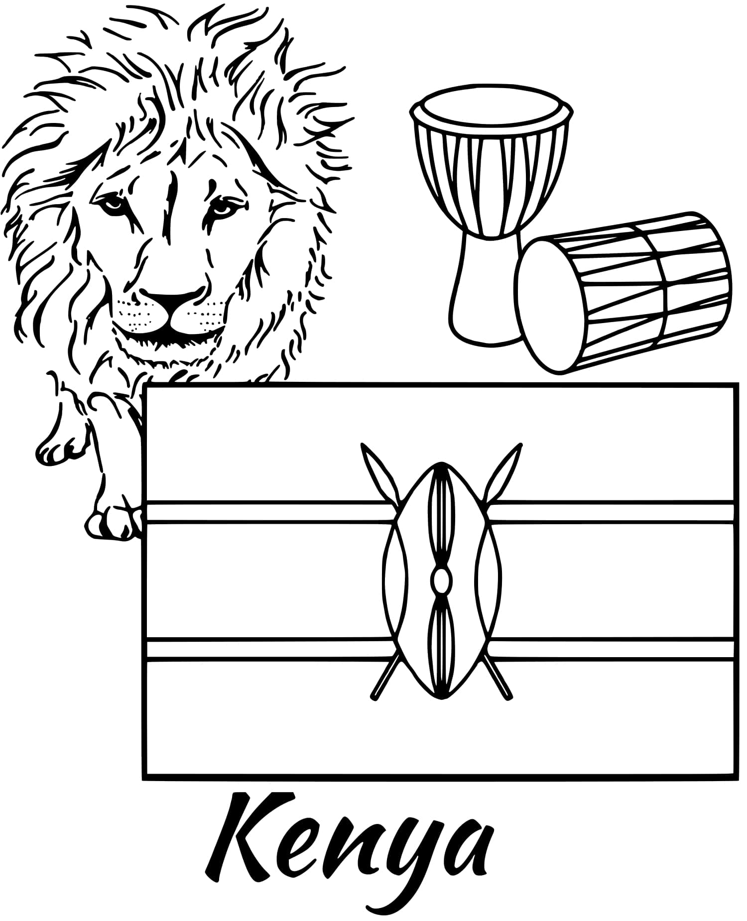 Coloriage Kenya Drapeau Lion - Drapeau à imprimer