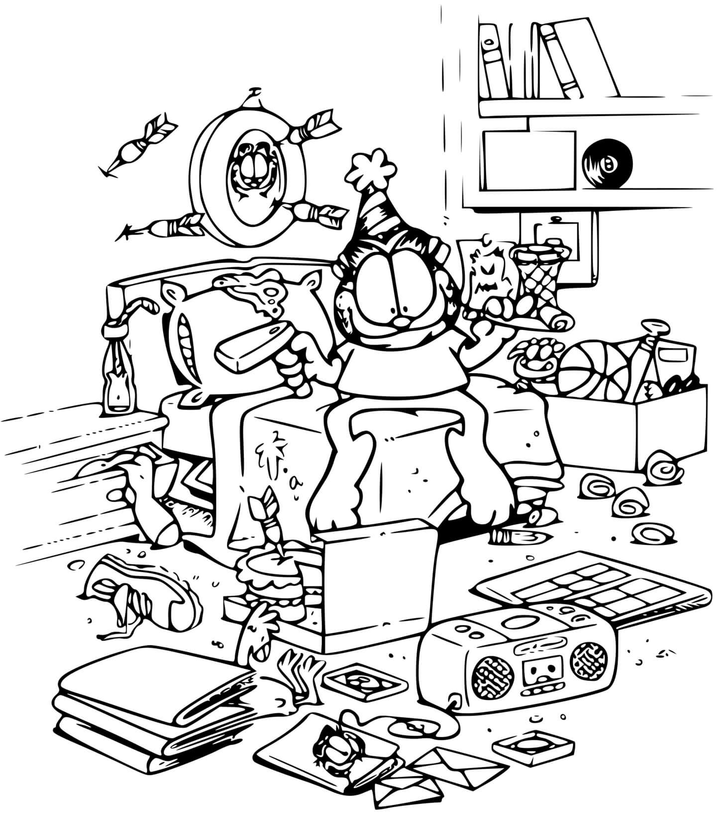 Coloriage La Chambre De Garfield Est Dans Un Desordre Total - Garfield à imprimer