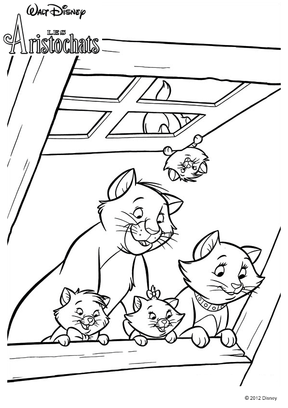Coloriage La Famille Aristochats A La Fenêtre - Aristochats à imprimer