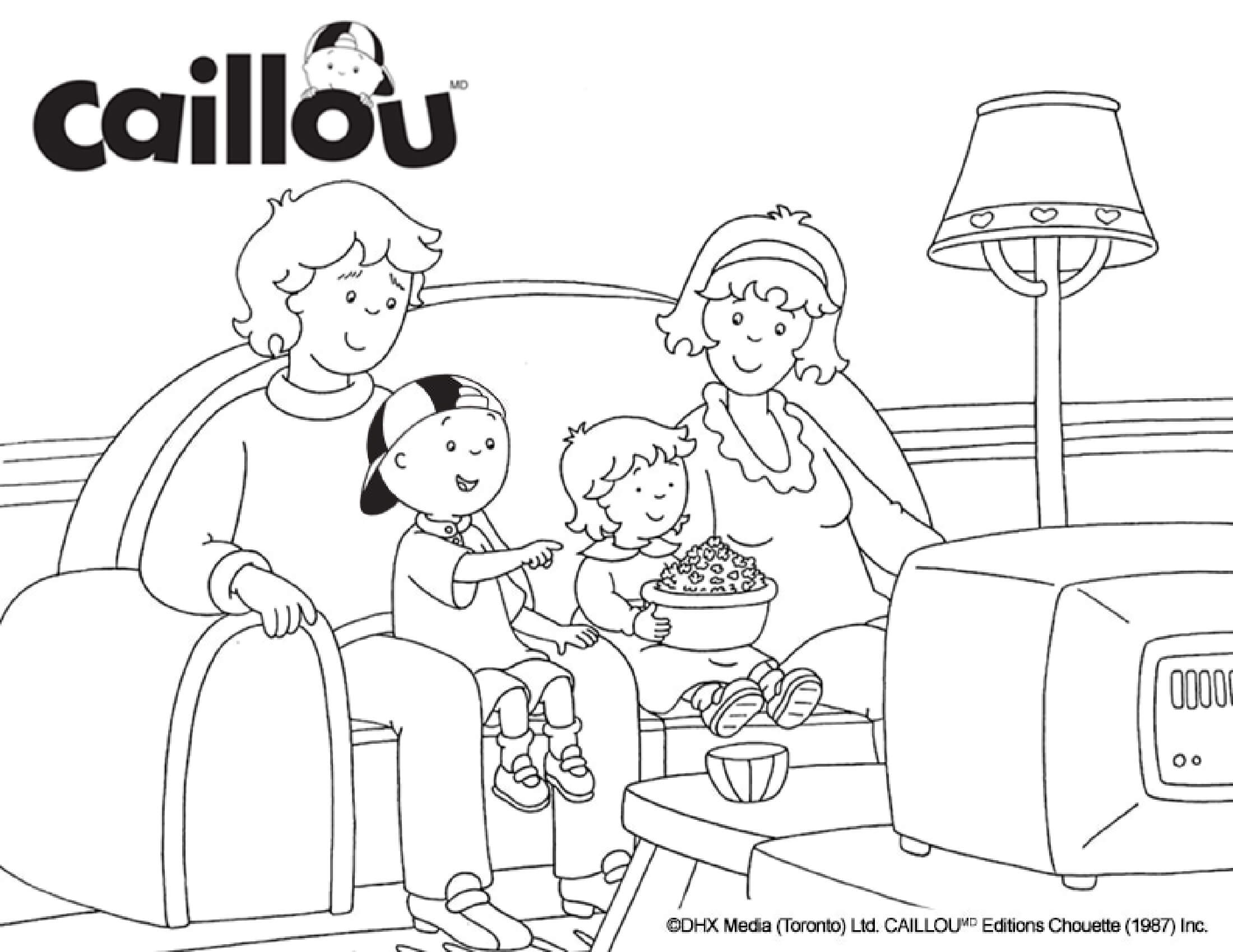 Coloriage La Famille Caillou Regarde Un Film A La Television - Caillou à imprimer