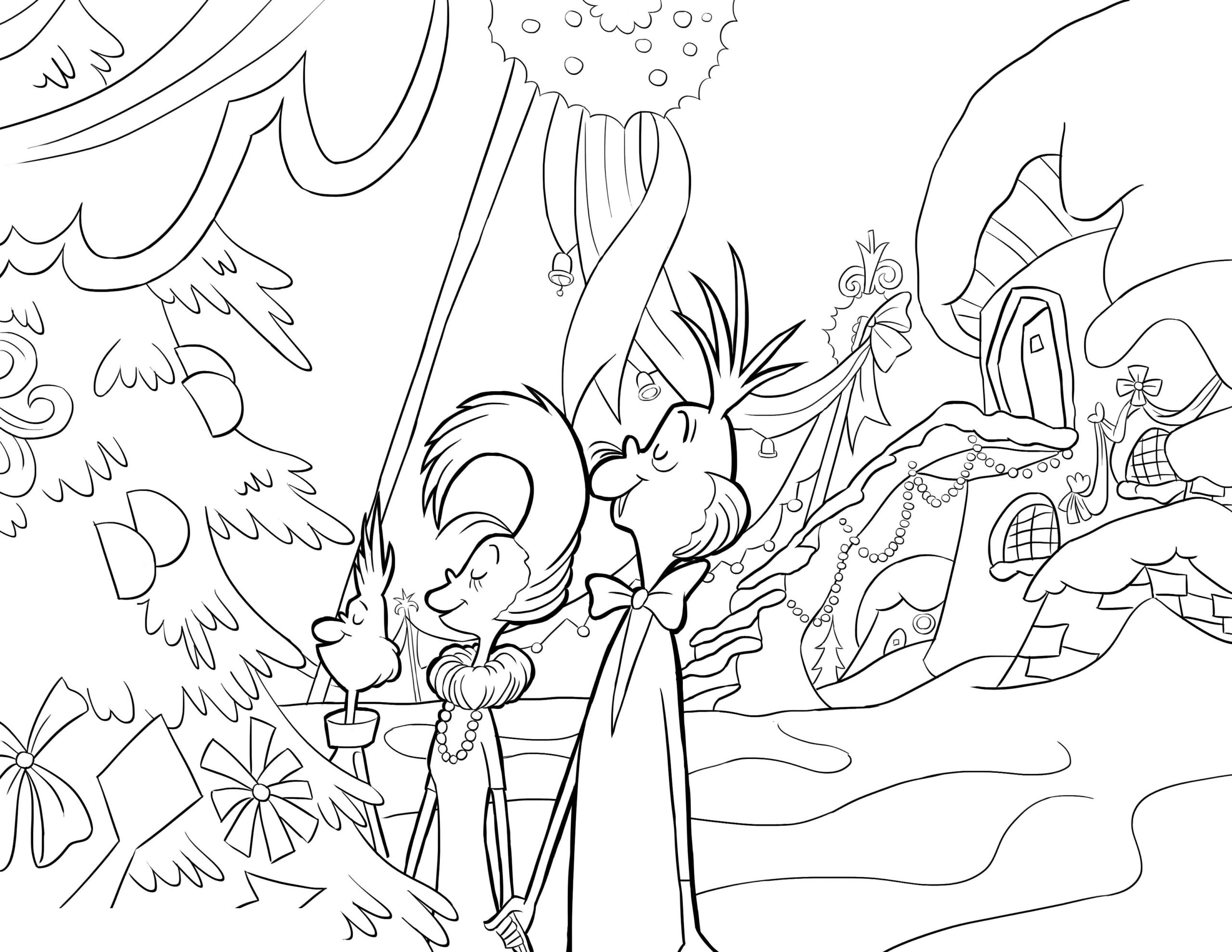 Coloriage La Famille Grinch Devant Un Sapin De Noël - Grinch à imprimer