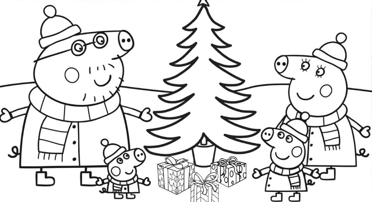 Coloriage La Famille Peppa Pig Autour Du Sapin De Noël - Peppa pig à imprimer
