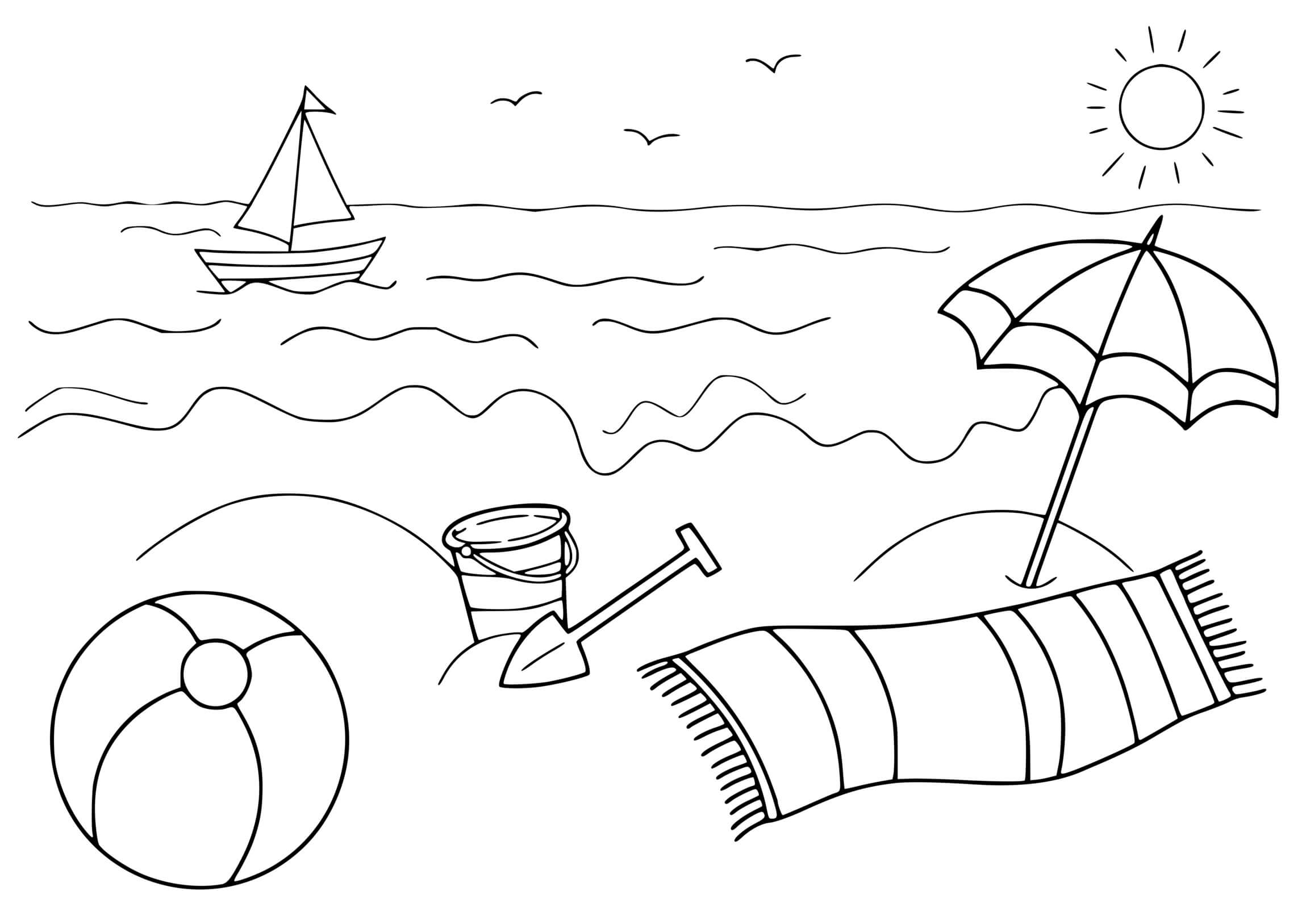 Coloriage La Mer Sous Un Soleil Chaud Et Bateau - Plage à imprimer