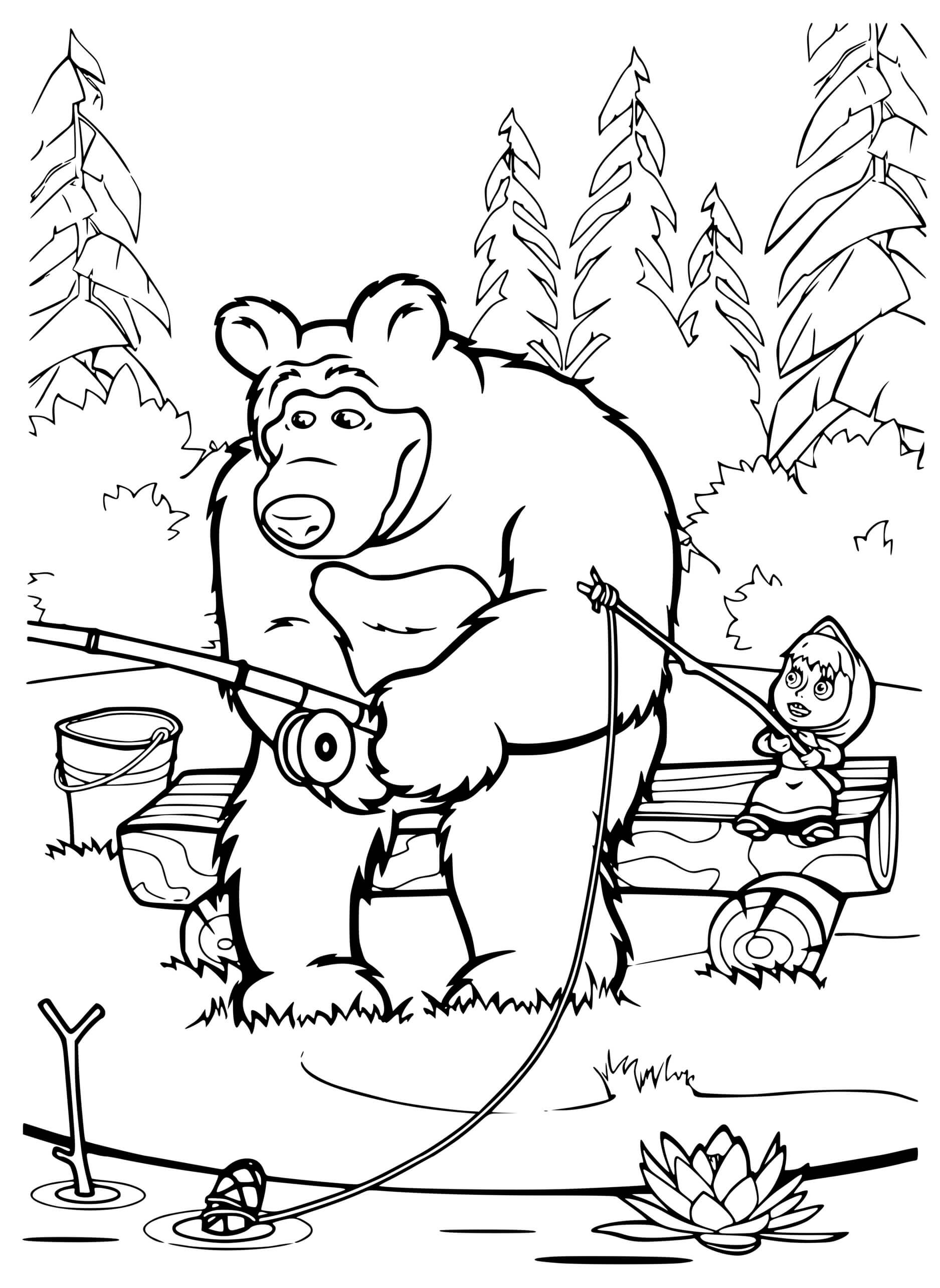 Coloriage La Pêche En Plein Forêt - Masha et michka à imprimer