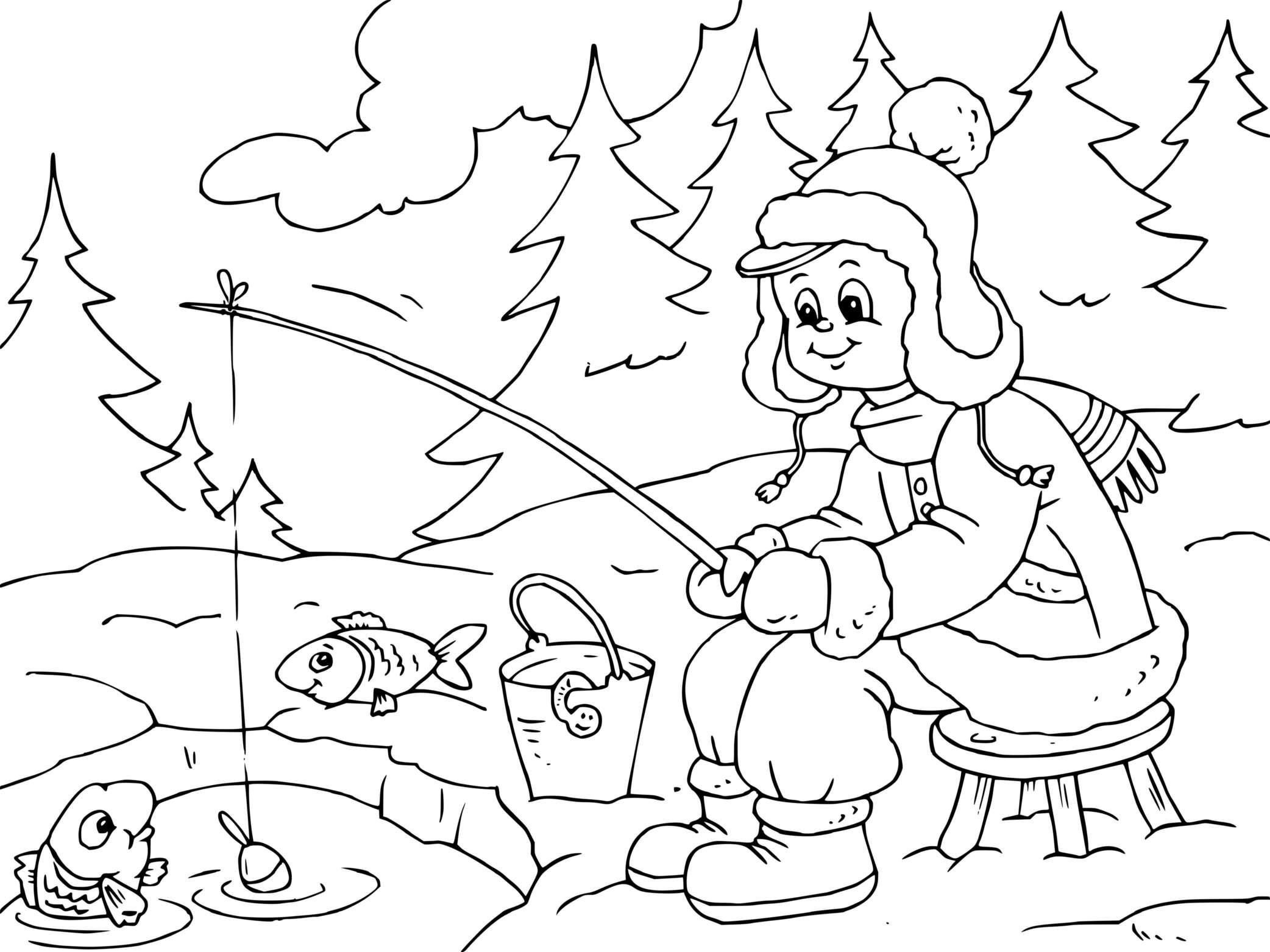 Coloriage La Pêche Sur Glace En Hiver - Hiver à imprimer