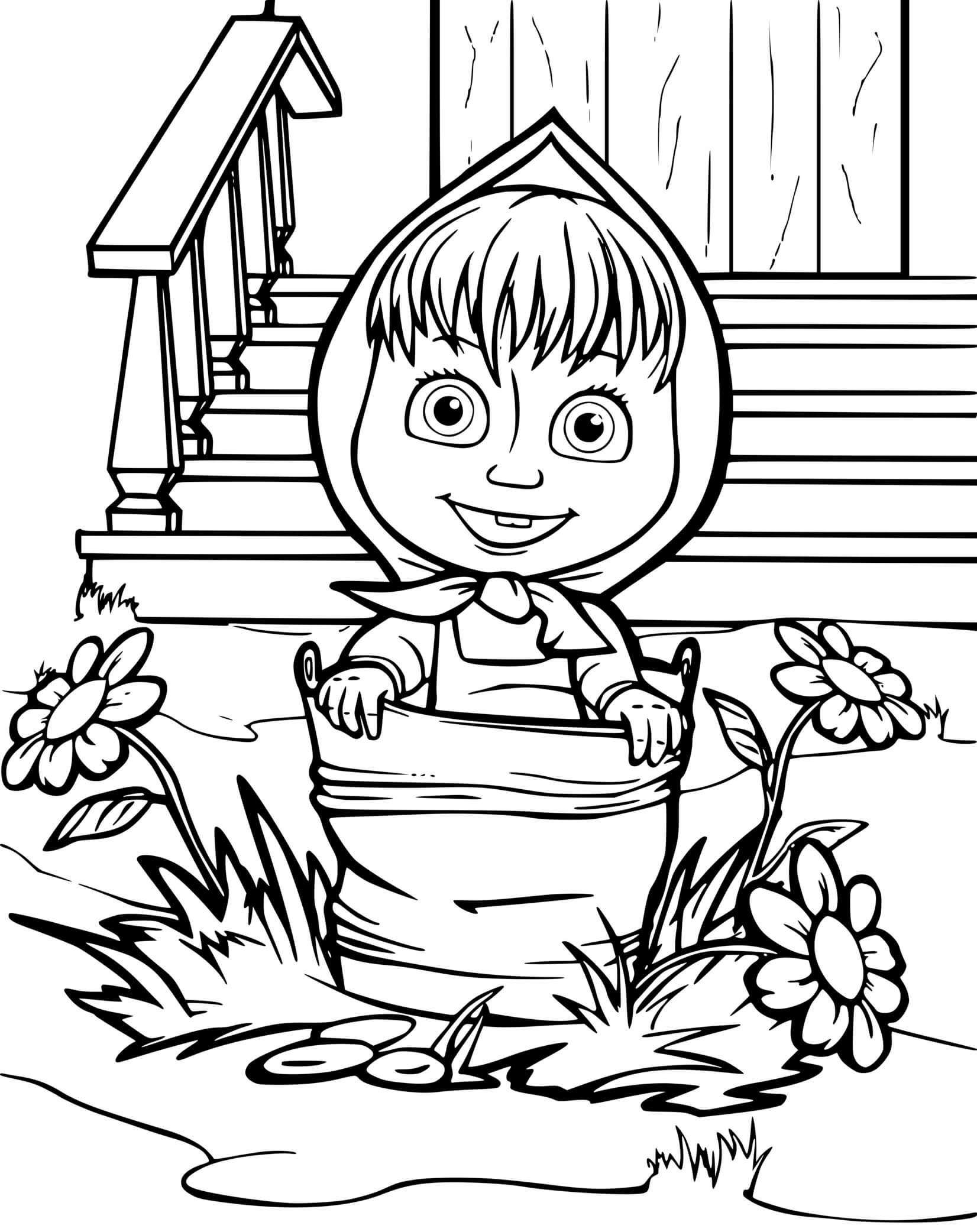 Coloriage La Petite Fille Masha Est Dans Un Seau - Masha et michka à imprimer