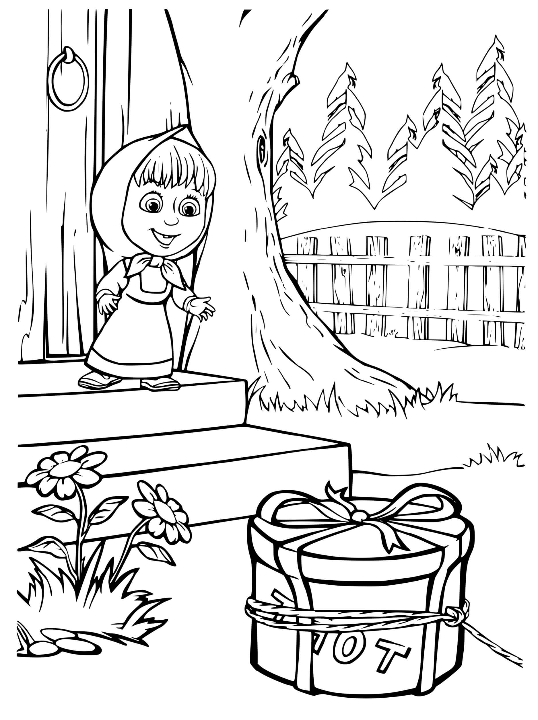 Coloriage La Petite Fille Masha Recoit Un Cadeau - Masha et michka à imprimer