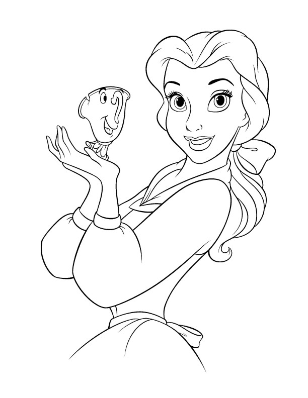 Coloriage La Princesse Belle Avec Une Tasse De The - La Belle et la Bête à imprimer