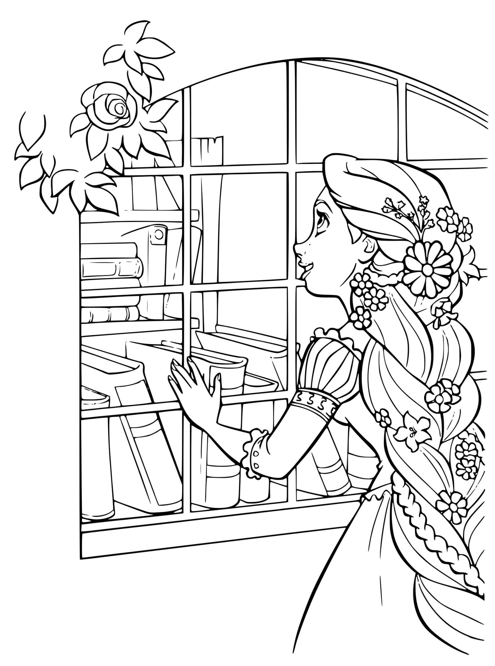 Coloriage La Princesse Devant Une Collection De Livres - Raiponce à imprimer