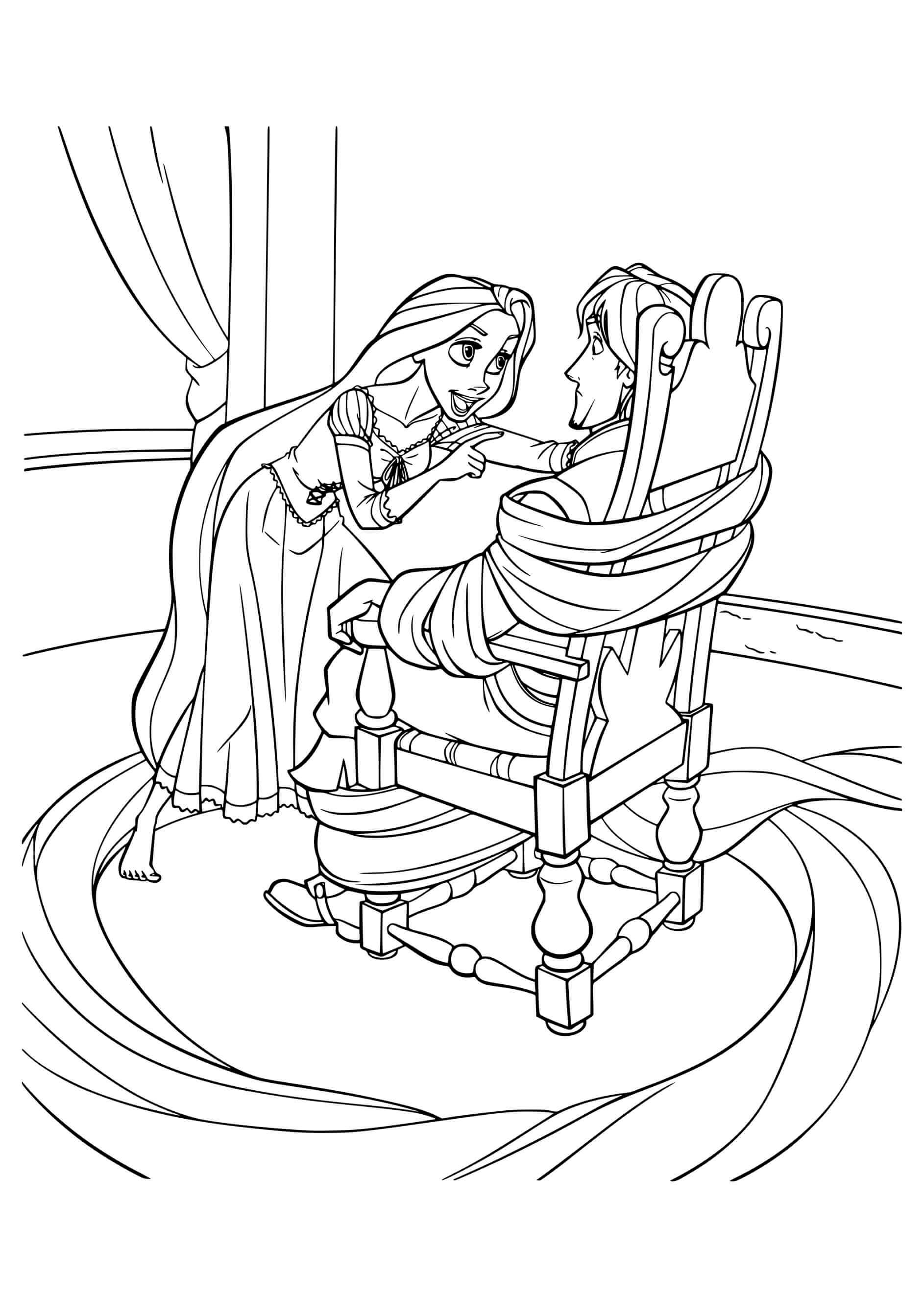 Coloriage La Princesse Parle A Flynn Rider Attache Sur Une Chaise - Raiponce à imprimer