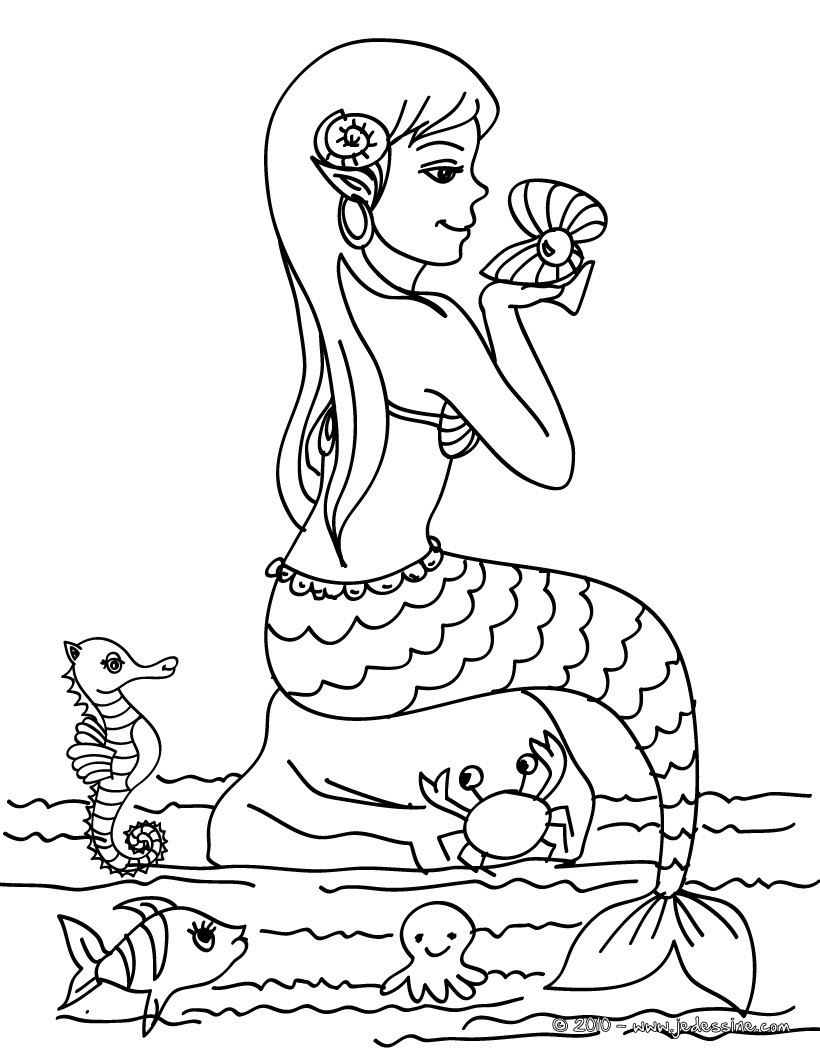 Coloriage La Sirène Sur Une Roche Avec Les Animaux De La Mer - Sirène à imprimer