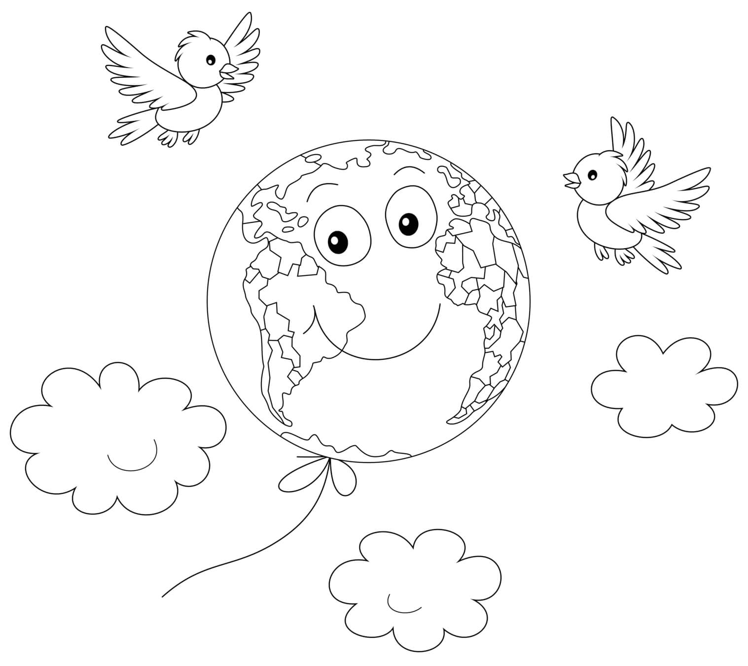 Coloriage La Terre Souriante Oiseau Facile - Jour de la Terre à imprimer