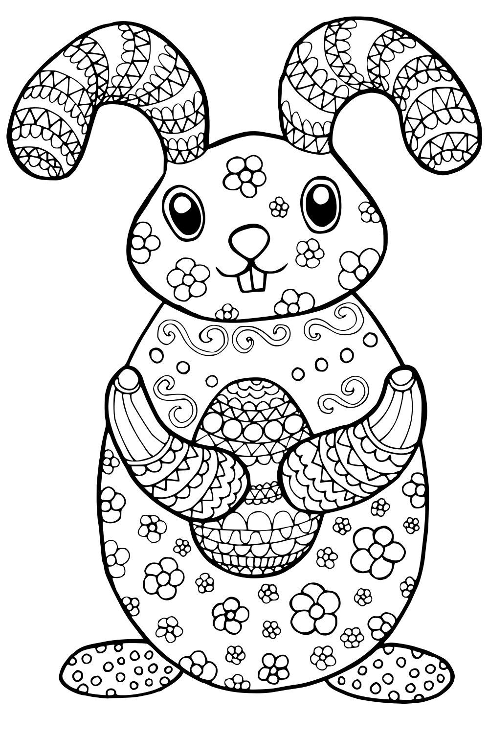 Coloriage Lapin de Pâques aux motifs floraux détaillés - Pâques à imprimer